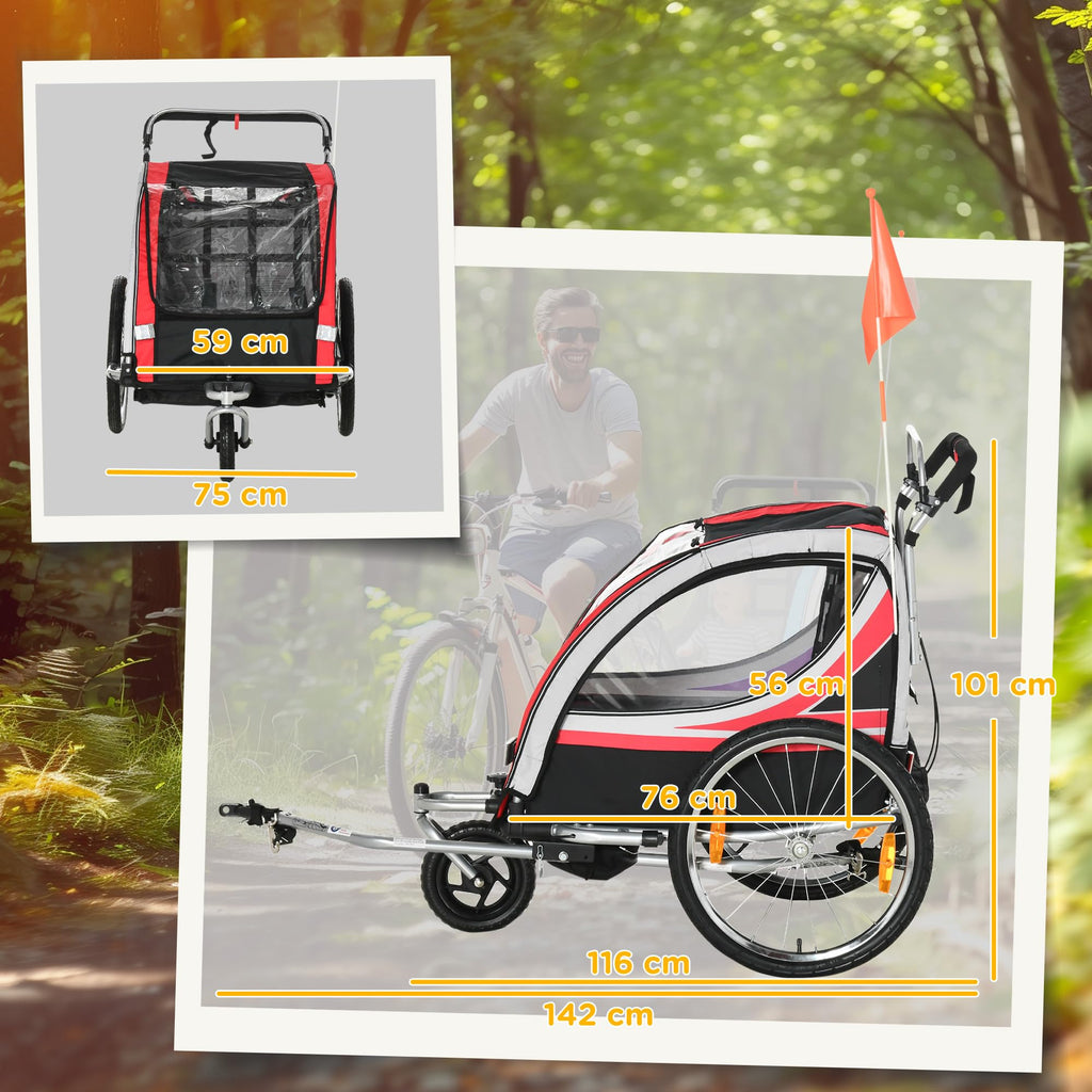 HOMCOM Rimorchio Bici per Bambini e Passeggino, Design 2 in 1 con Freno, Cintura a 5 Punti, Carrello Rimorchio per Bicicletta con Tasche Laterali, Catarifrangenti e Bandierina