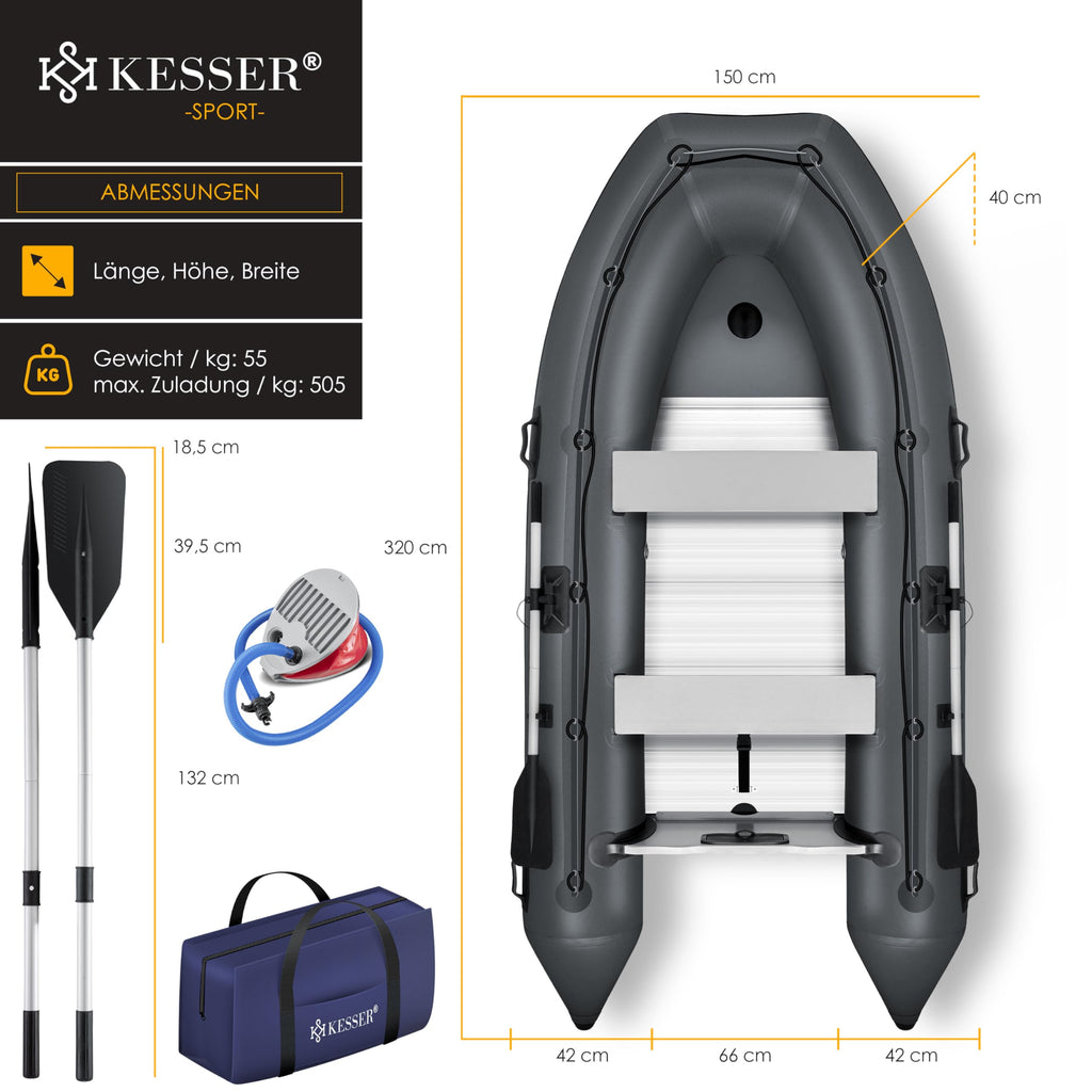 KESSER Gommone 3,20 m per 4 persone – Wave Motor adatto per il tempo libero, barca a motore, barca da pesca, con 2 panche, set di riparazione e borsa gonfiabile in PVC