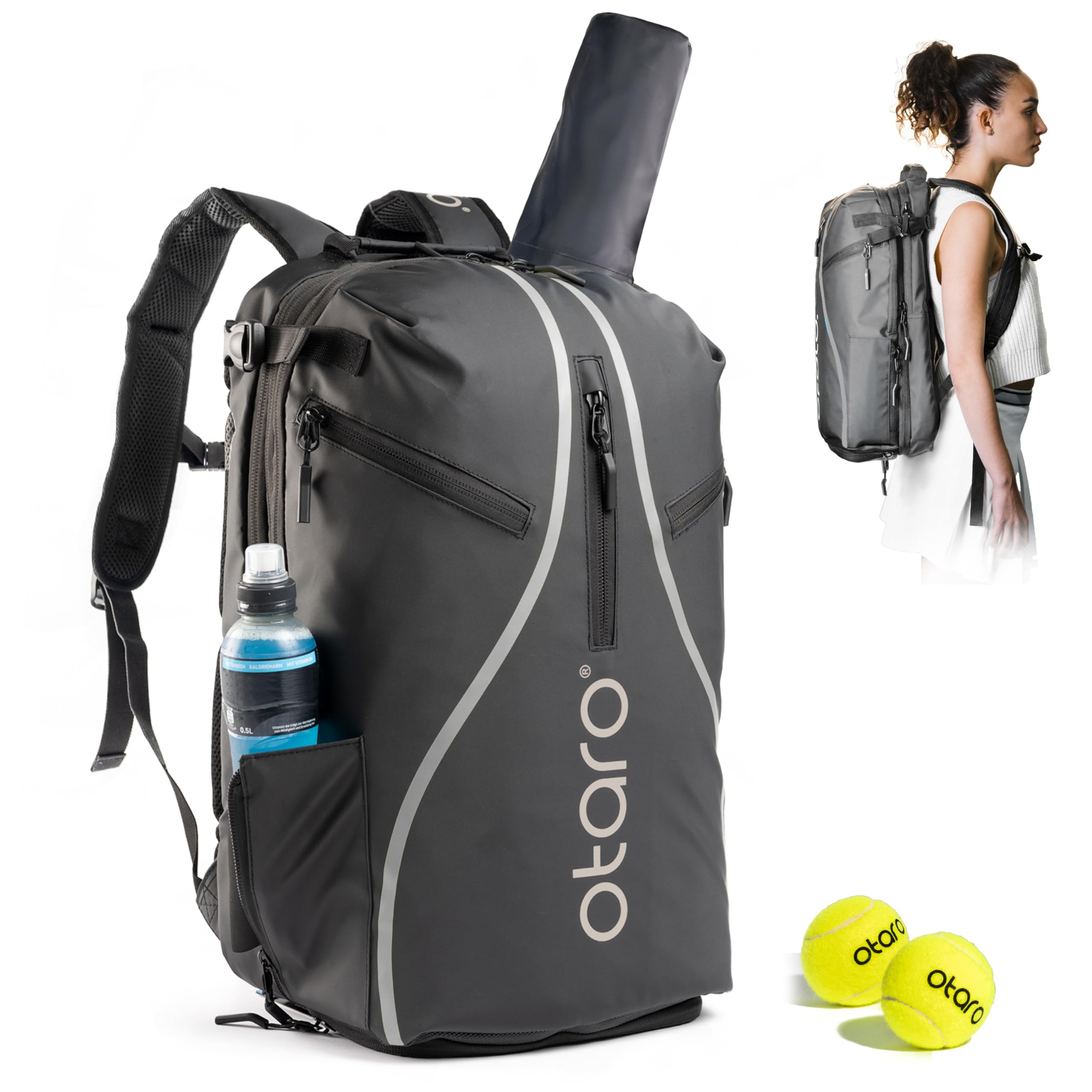 Otaro Zaino Tennis | Zaino con porta scarpe, scomparto per laptop e scomparto per 2 racchette | Zaino sportivo | Porta racchetta tennis | Borsa tennis con copertura antipioggia e sacca per biancheria