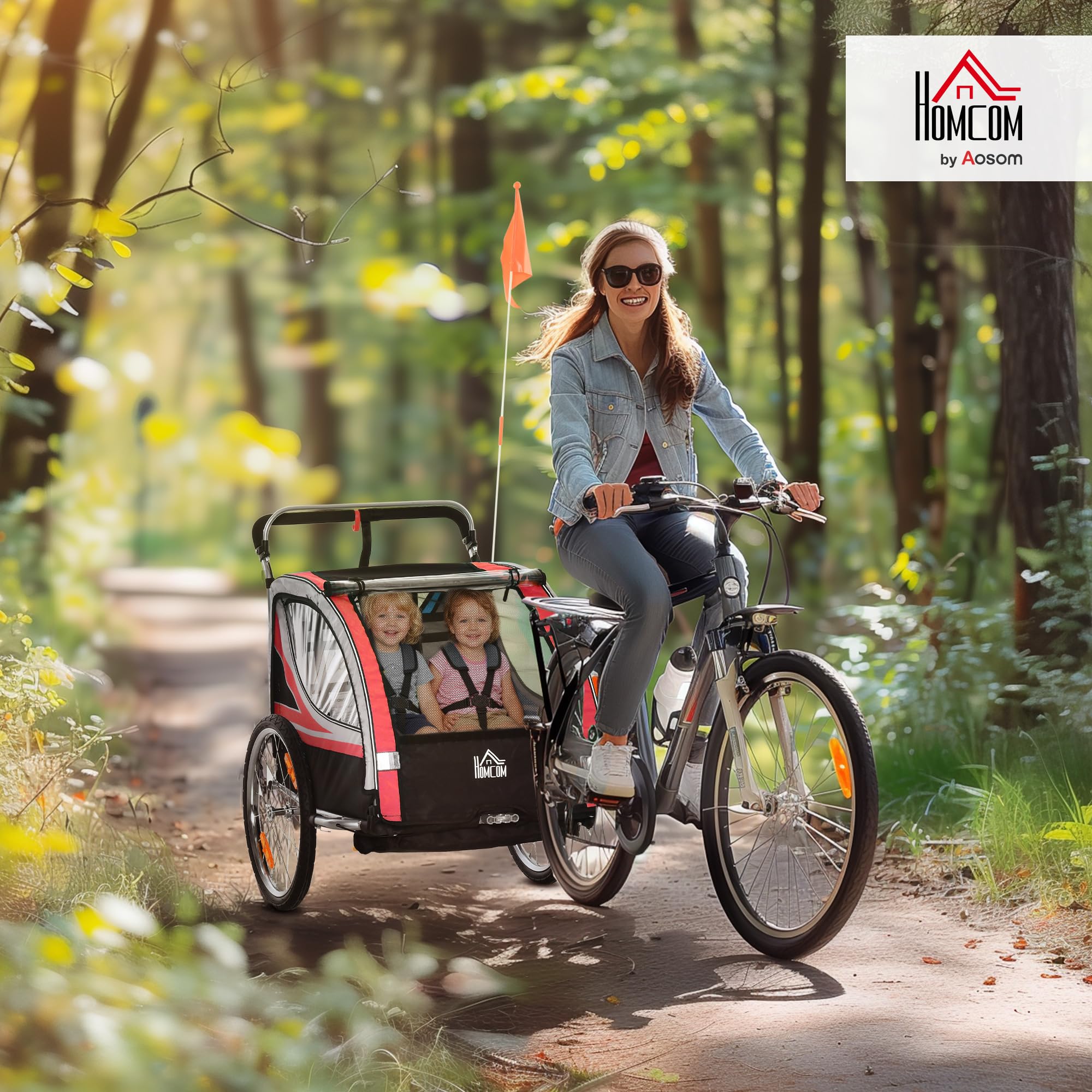 HOMCOM Rimorchio Bici per Bambini e Passeggino, Design 2 in 1 con Freno, Cintura a 5 Punti, Carrello Rimorchio per Bicicletta con Tasche Laterali, Catarifrangenti e Bandierina