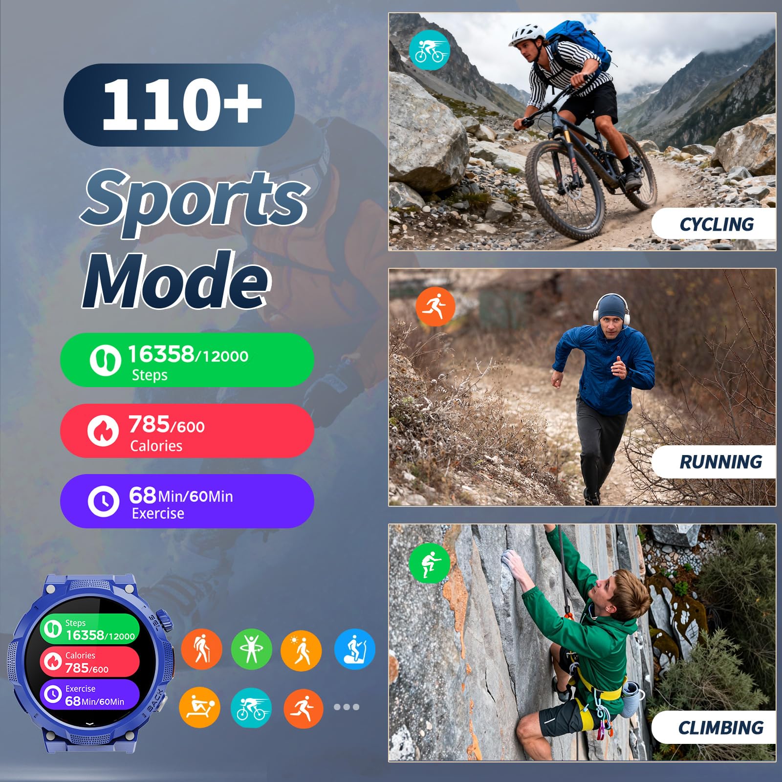 Smartwatch Uomo Militare, Orologio Smartwatch 1.43" con Chiamate Bluetooth, 100+ Modalità Sportive, Batteria 1000 mAh, Monitoraggio Sonno e Cardiofrequenzimetro, Torcia e Bussola per IOS/Android