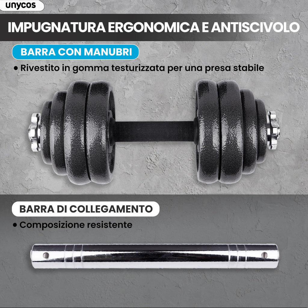 unycos - Haltères Réglables avec Disques 15-50 kg【E-Book + Mallette】Paire de Poids avec Barre de Connexion Antidérapante pour Hommes/Femmes, Entraînement, Gym à Domicile, Fitness (Iron Transformer)