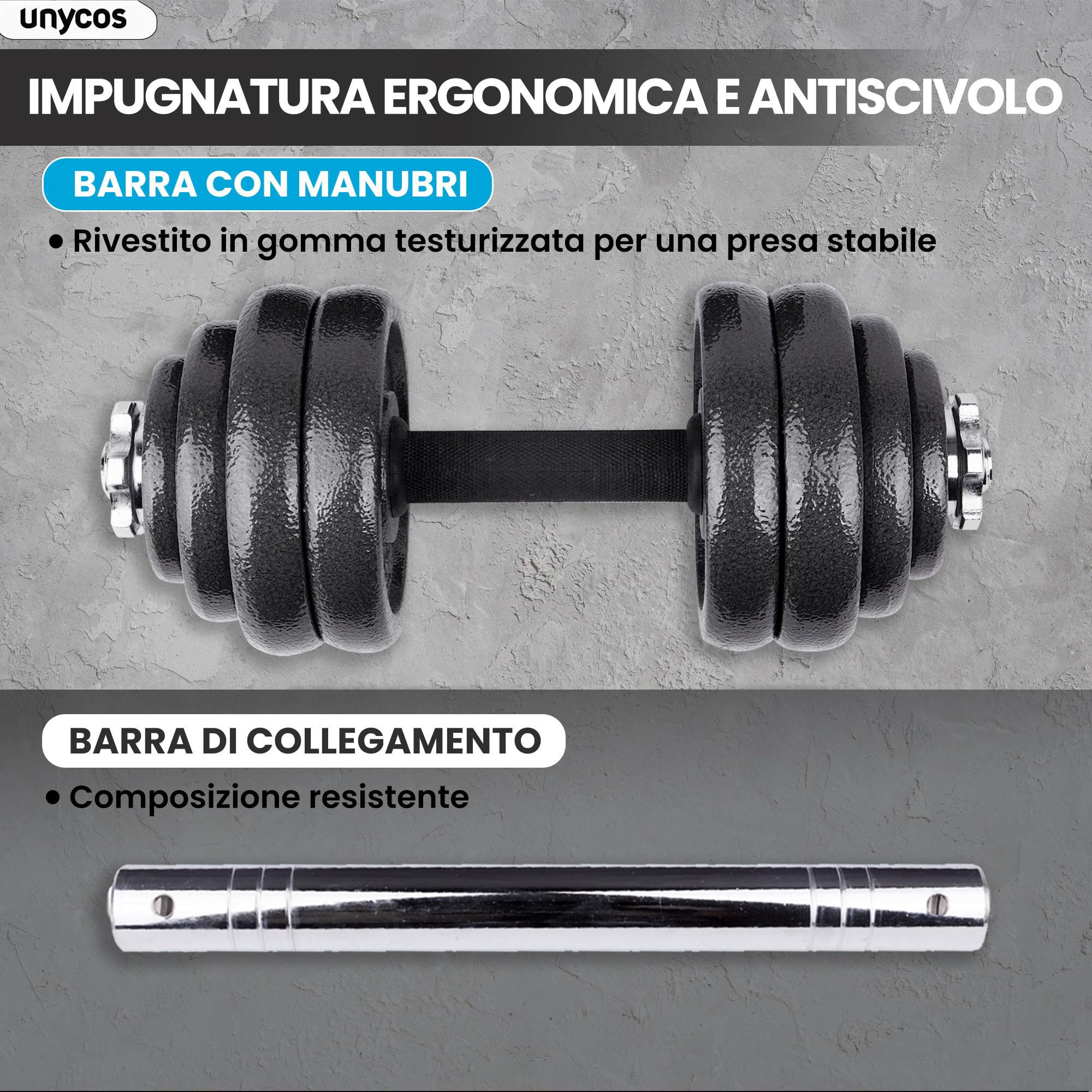 unycos - Haltères Réglables avec Disques 15-50 kg【E-Book + Mallette】Paire de Poids avec Barre de Connexion Antidérapante pour Hommes/Femmes, Entraînement, Gym à Domicile, Fitness (Iron Transformer)