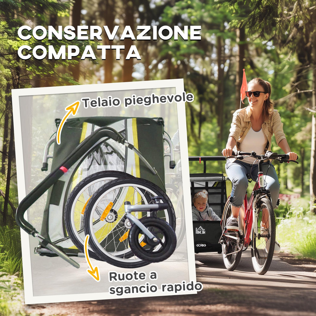 HOMCOM Rimorchio Bici per Bambini e Passeggino, Design 2 in 1 con Freno, Cintura a 5 Punti, Carrello Rimorchio per Bicicletta con Tasche Laterali, Catarifrangenti e Bandierina