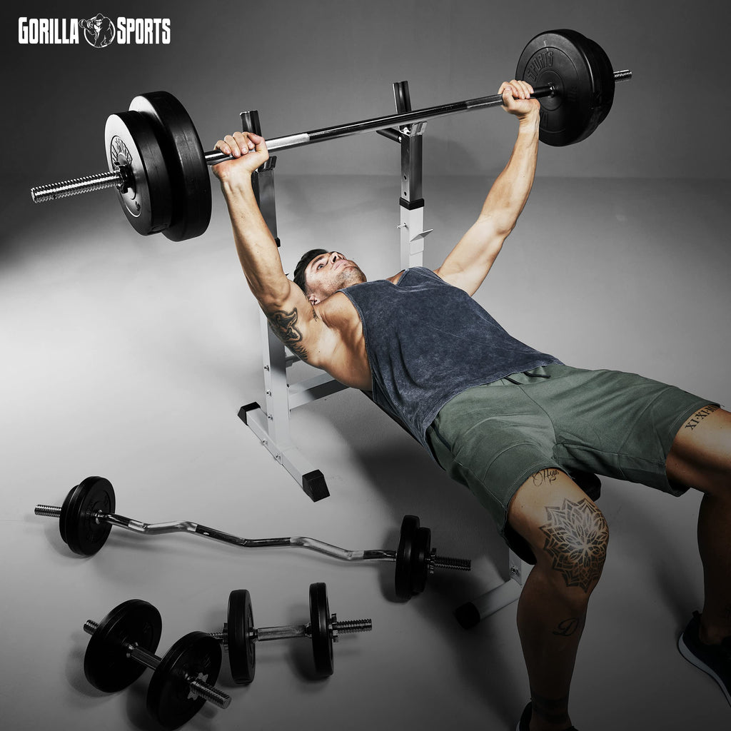 GORILLA SPORTS® Panca Pesi Multifunzione Regolabile – Pieghevole con Porta, Bilanciere e Manubri con Dischi 38/70/100 kg – Piana/Inclinata, Struttura Robusta Max 200 kg – Palestra Casa Fitness