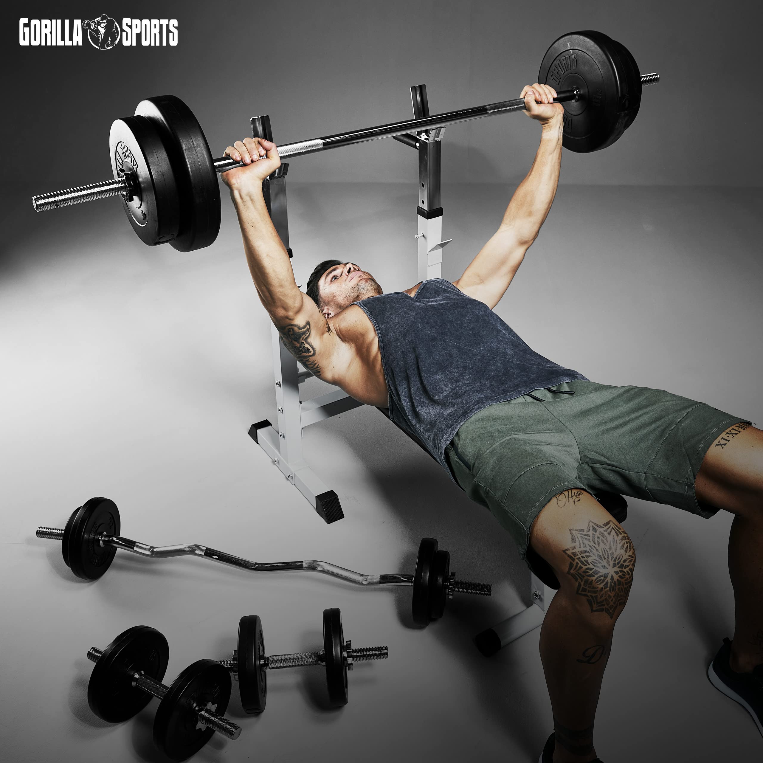 GORILLA SPORTS® Panca Pesi Multifunzione Regolabile – Pieghevole con Porta, Bilanciere e Manubri con Dischi 38/70/100 kg – Piana/Inclinata, Struttura Robusta Max 200 kg – Palestra Casa Fitness