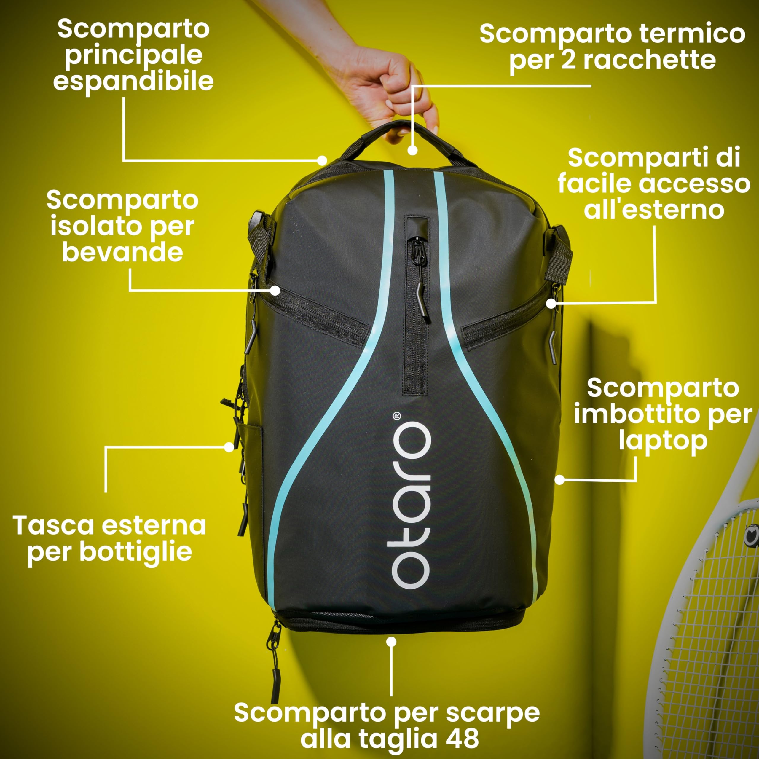 Otaro Zaino Tennis | Zaino con porta scarpe, scomparto per laptop e scomparto per 2 racchette | Zaino sportivo | Porta racchetta tennis | Borsa tennis con copertura antipioggia e sacca per biancheria