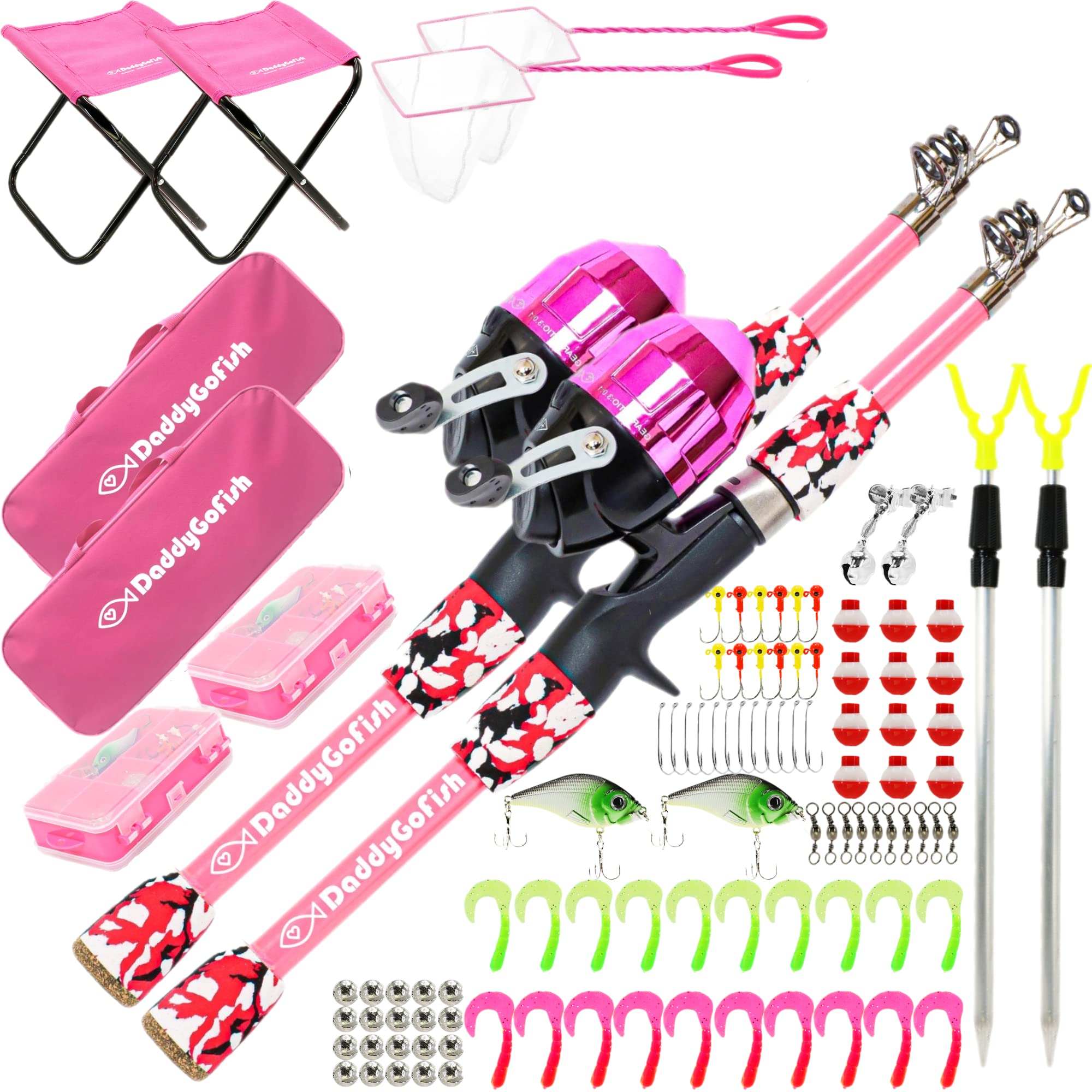 DaddyGoFish Kids Canna da Pesca Telescopica Spincast Combo Sedia Pieghevole Portacanna Tackle Box Bait Net Ragazzi Ragazze