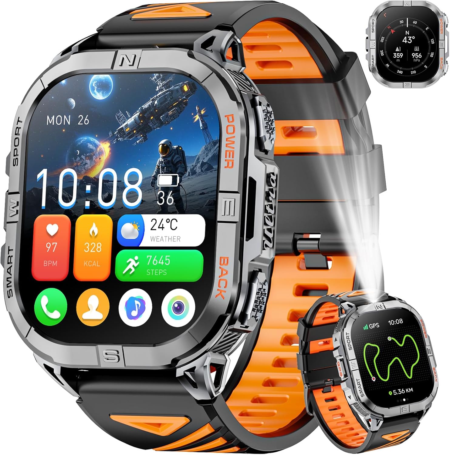 GPS Smartwatch Uomo, 2,13" AMOLED Militare Orologio con LED Torcia, Bussola,100+ Modalità Sportive, Monitoraggio della Salute, Chiamate Bluetooth per Android iOS