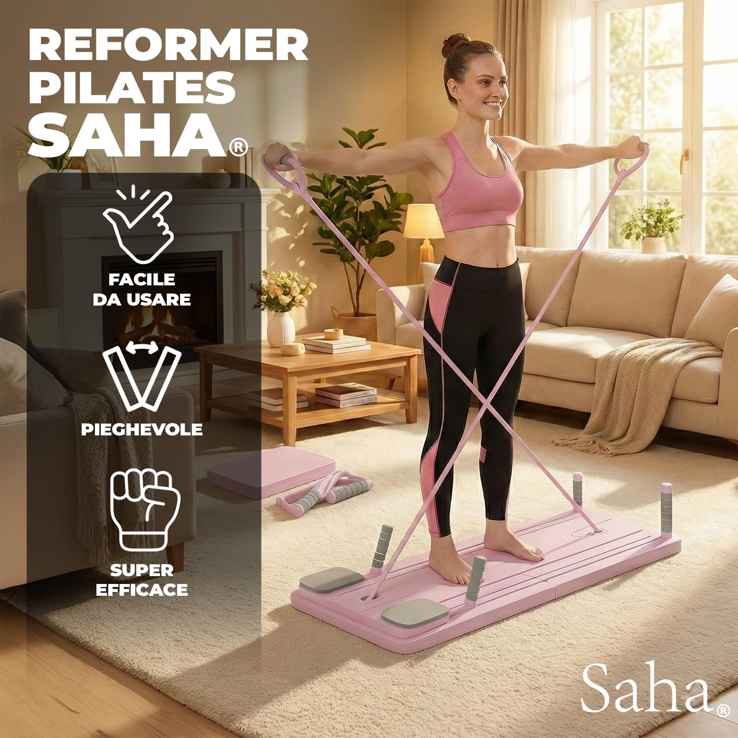Saha® Tavola Pilates Reformer | Attrezzo Addominali Fitness Casa con Bande di Resistenza, Maniglie e Timer | Yoga Core Allenamento Corpo Completo | Original Corner