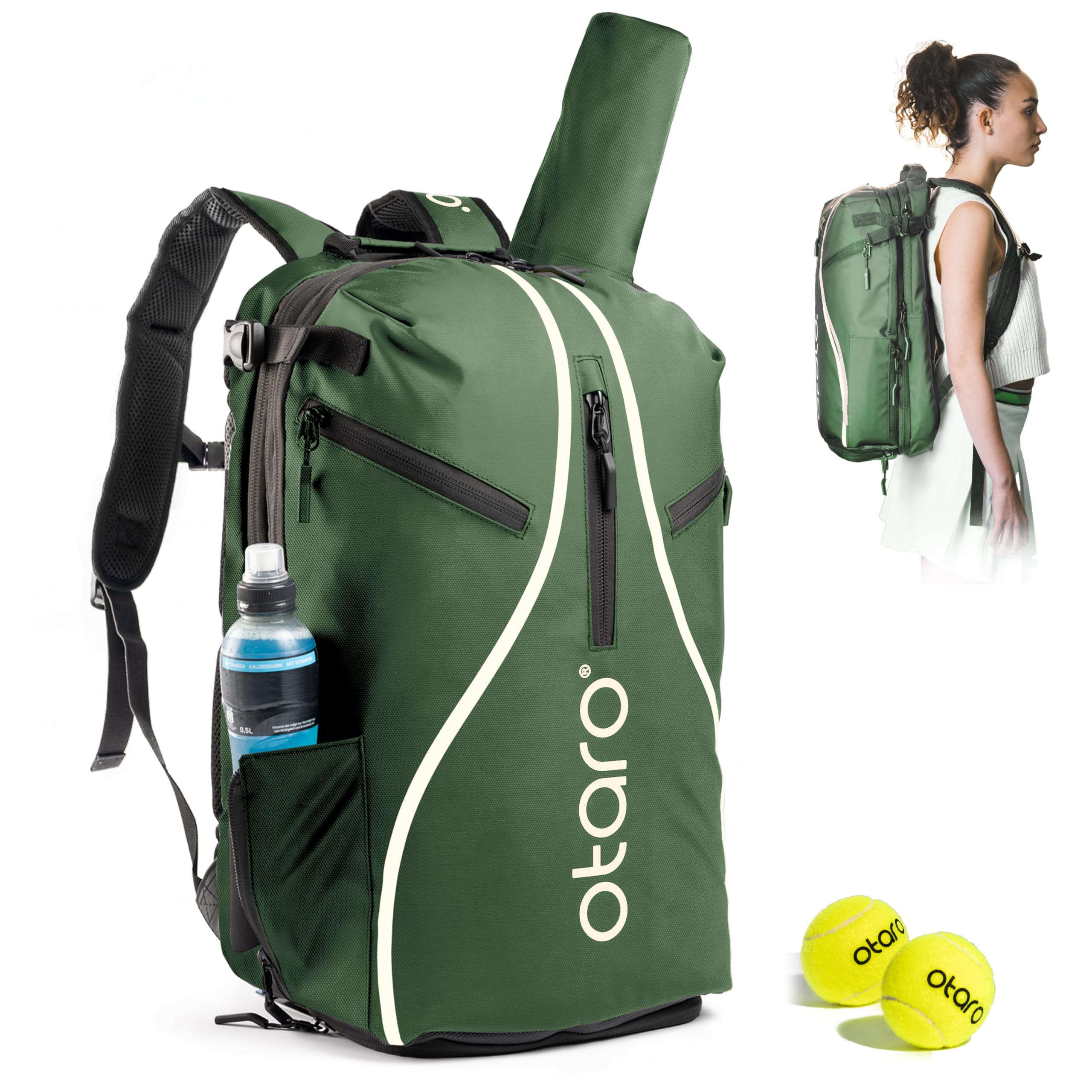 Otaro Zaino Tennis | Zaino con porta scarpe, scomparto per laptop e scomparto per 2 racchette | Zaino sportivo | Porta racchetta tennis | Borsa tennis con copertura antipioggia e sacca per biancheria