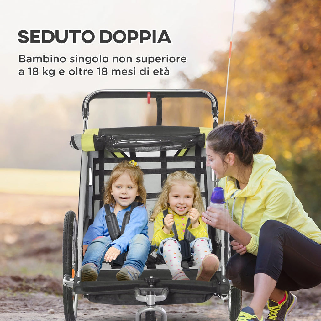 HOMCOM Rimorchio Bici per Bambini e Passeggino, Design 2 in 1 con Freno, Cintura a 5 Punti, Carrello Rimorchio per Bicicletta con Tasche Laterali, Catarifrangenti e Bandierina