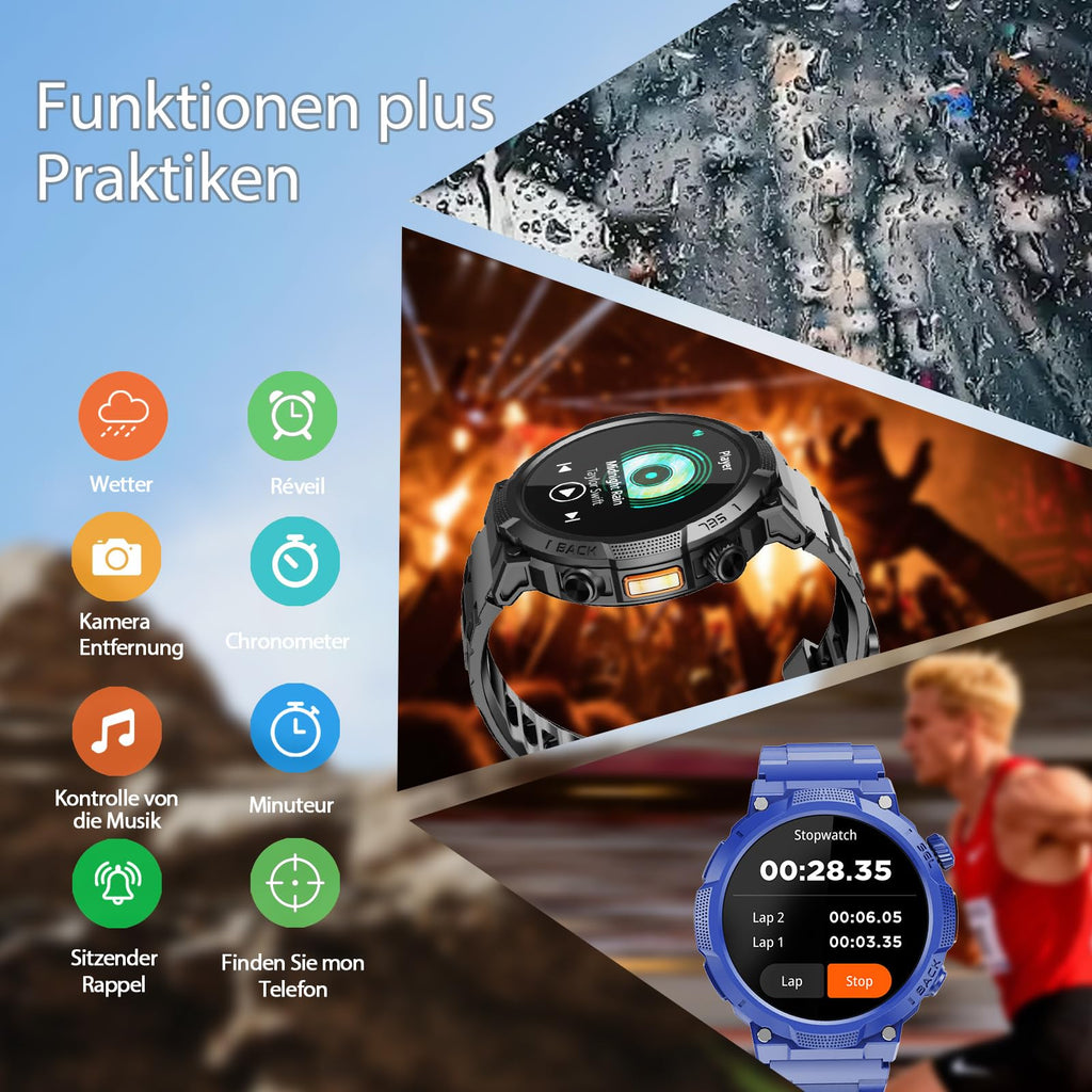 Smartwatch Uomo Militare, Orologio Smartwatch 1.43" con Chiamate Bluetooth, 100+ Modalità Sportive, Batteria 1000 mAh, Monitoraggio Sonno e Cardiofrequenzimetro, Torcia e Bussola per IOS/Android