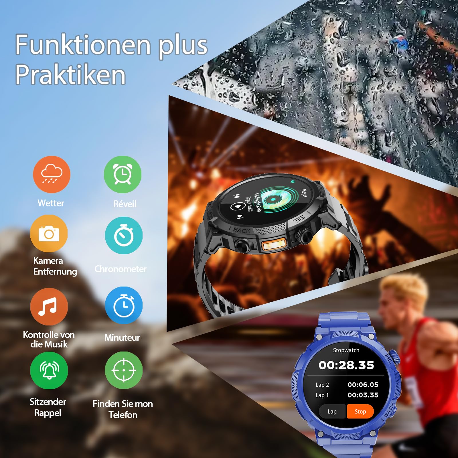Smartwatch Uomo Militare, Orologio Smartwatch 1.43" con Chiamate Bluetooth, 100+ Modalità Sportive, Batteria 1000 mAh, Monitoraggio Sonno e Cardiofrequenzimetro, Torcia e Bussola per IOS/Android