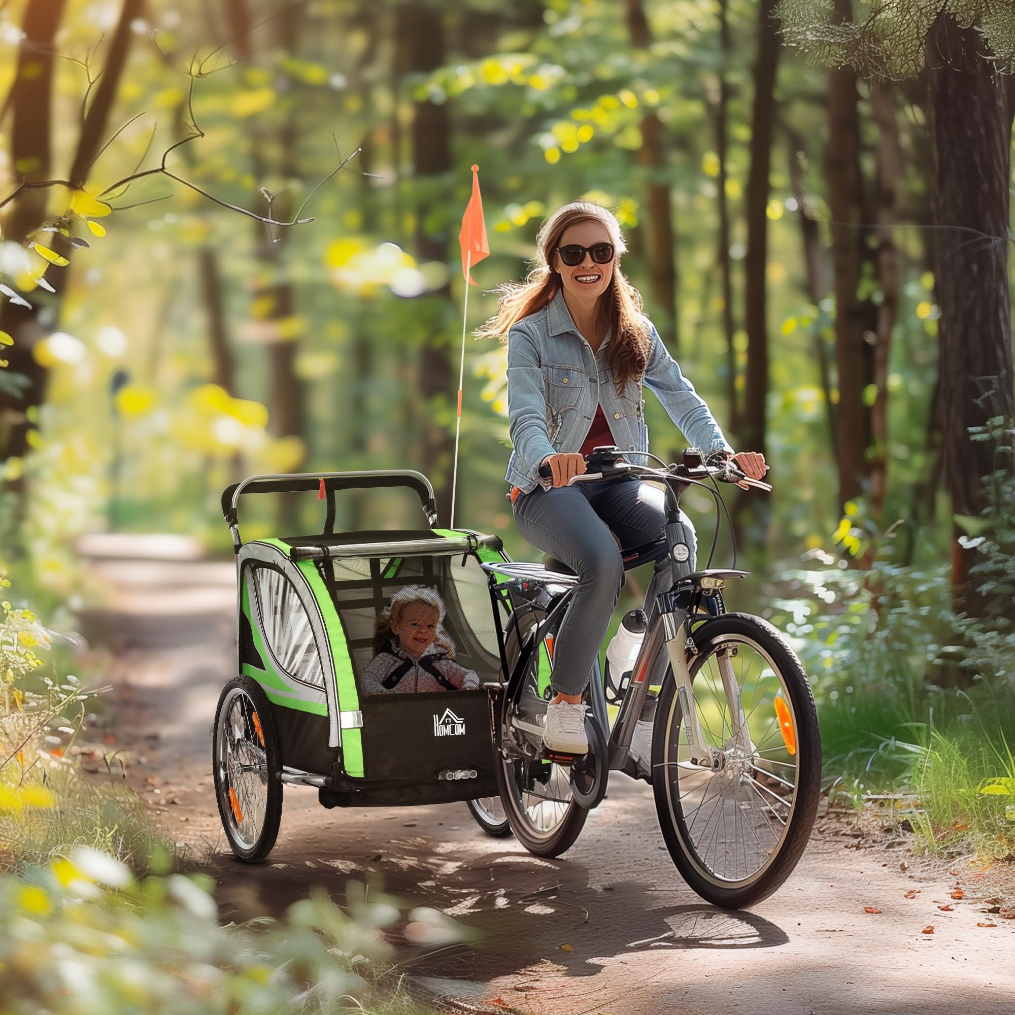 HOMCOM Rimorchio Bici per Bambini e Passeggino, Design 2 in 1 con Freno, Cintura a 5 Punti, Carrello Rimorchio per Bicicletta con Tasche Laterali, Catarifrangenti e Bandierina