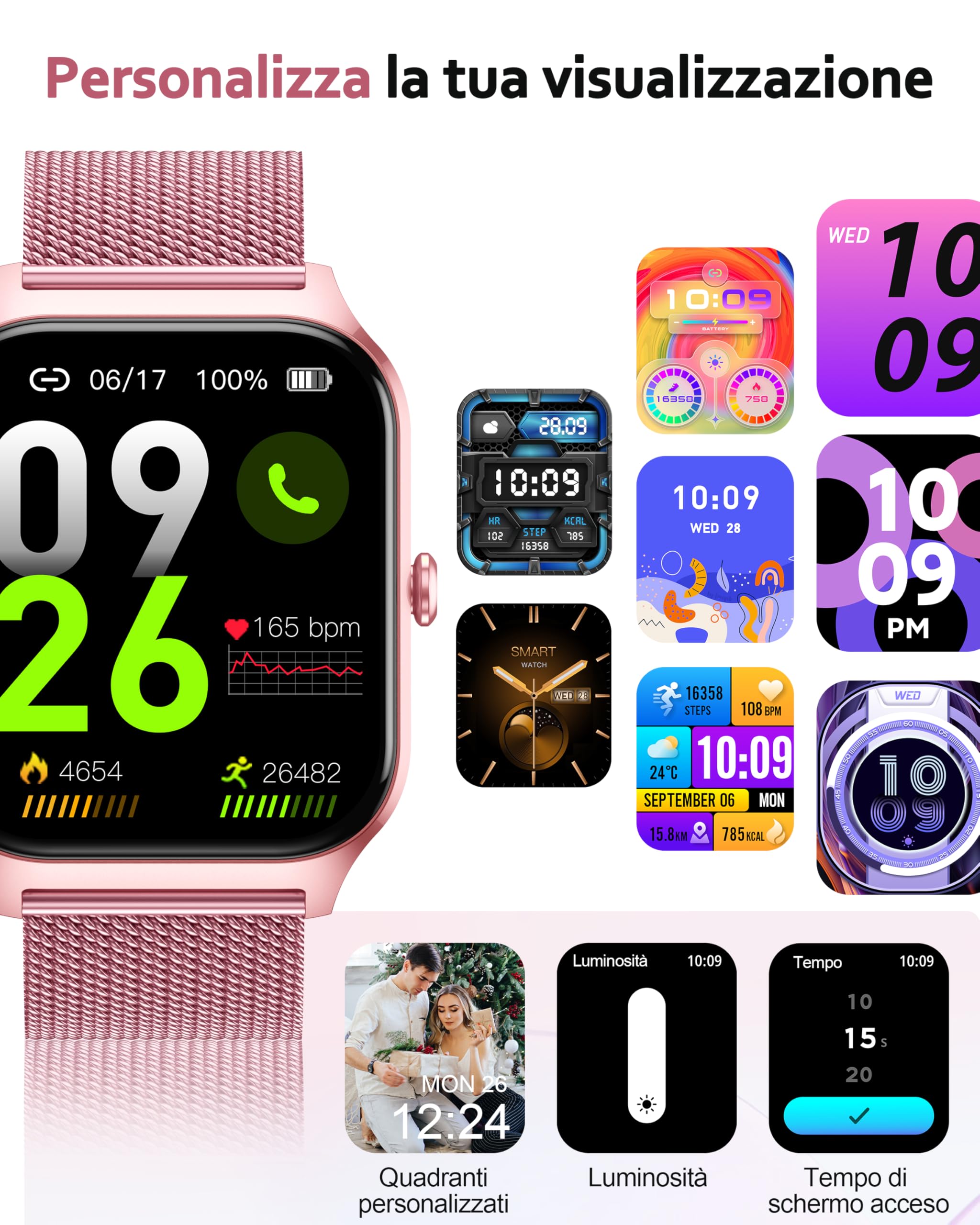 Popglory Smartwatch Uomo Donna Chiamate e Whatsapp, AI Orologio Contapassi 100+ Sports, Assistente, Salute 24/7, Pressione Sanguigna, Cardiofrequenzimetro, SpO2 Sonno, 2 Cinturini per Android iOS