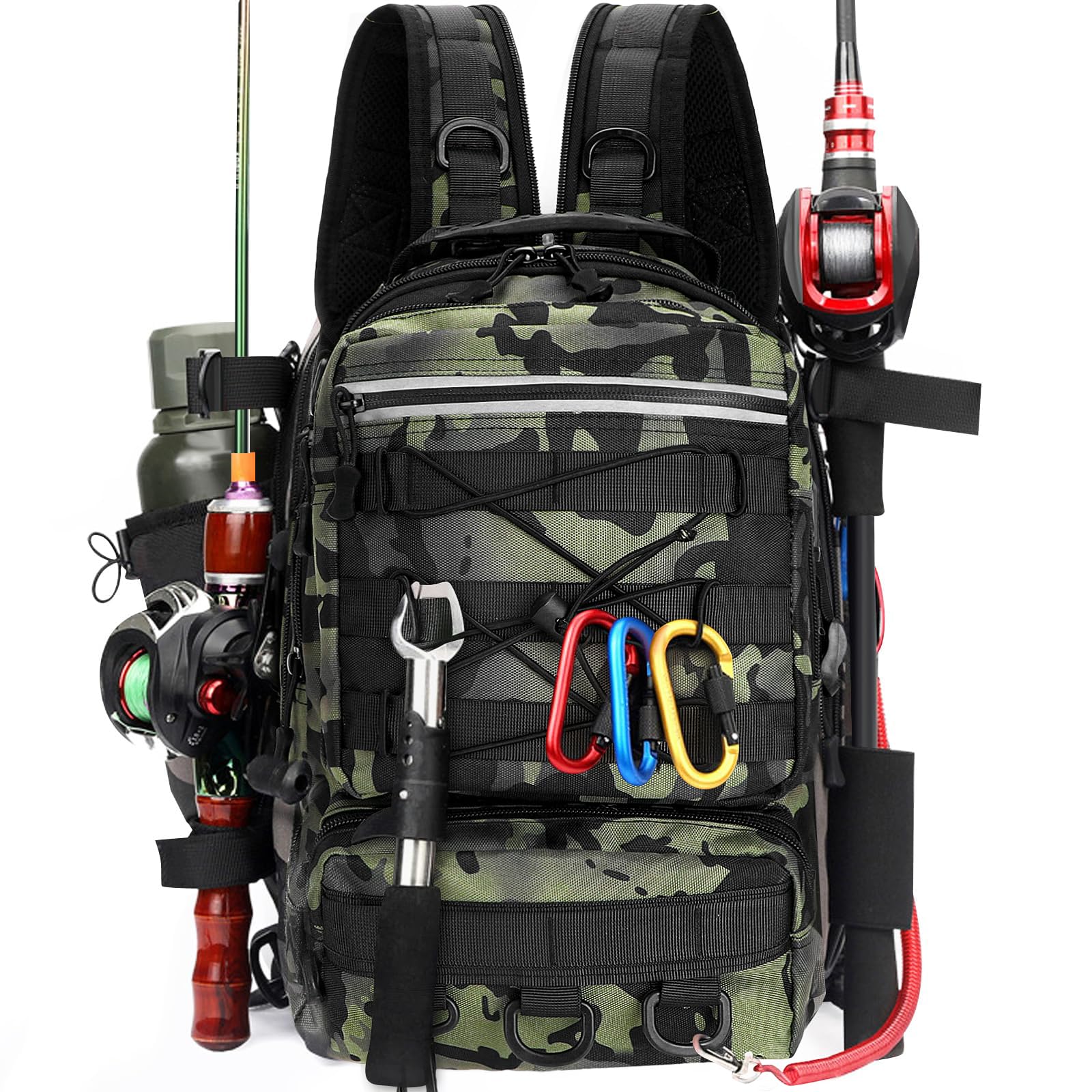 Zaino per Attrezzatura Pesca con Portacanna - Borsa Impermeabile e Traspirante per Pesca, Escursionismo, Caccia, Campeggio (Black)