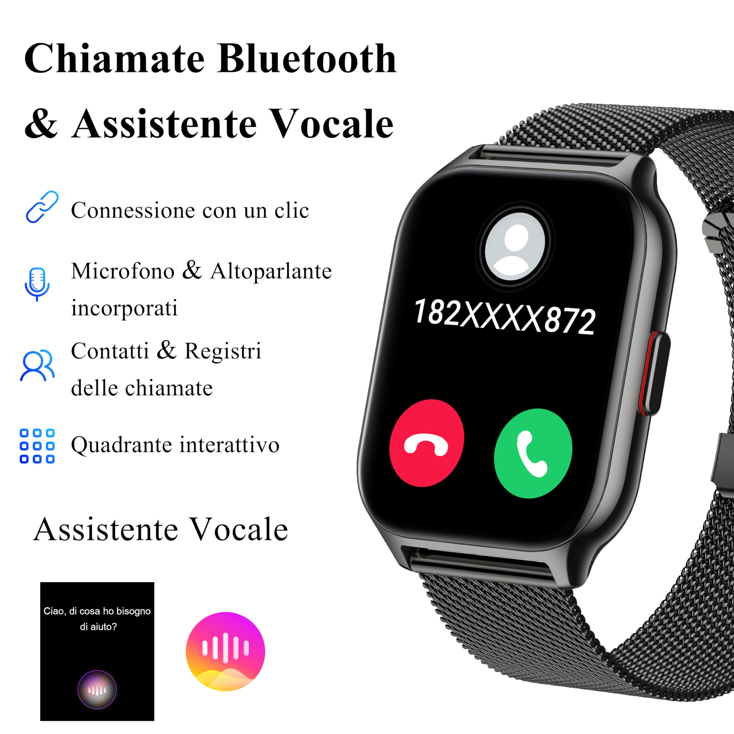 Popglory Smartwatch Uomo Donna Chiamate e Whatsapp, AI Orologio Contapassi 100+ Sports, Assistente, Salute 24/7, Pressione Sanguigna, Cardiofrequenzimetro, SpO2 Sonno, 2 Cinturini per Android iOS