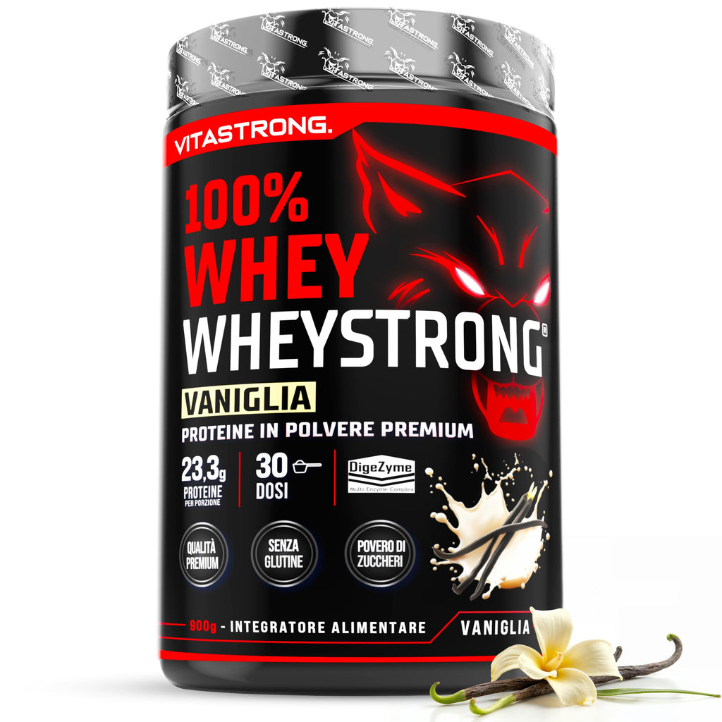 Proteine in Polvere 900g, 100% Proteine Whey Strong con DigeZyme® Alta Digeribilità e Concentrazione, Proteine del Siero del Latte da Fornitori Italiani (900g, Vaniglia)
