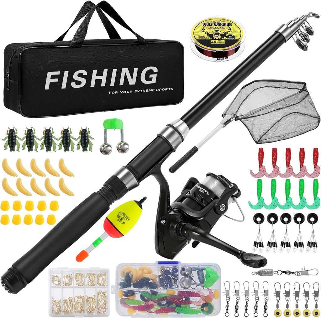 Lomffy Canna da Pesca e Mulinello Combo Set, 1.8M Kit di Esche da Pesca e Borsa con Rete Set Combinato Canna da Pesca Telescopica e Mulinello con Linea Borsa da Trasporto per Acqua Dolce Acqua Salata
