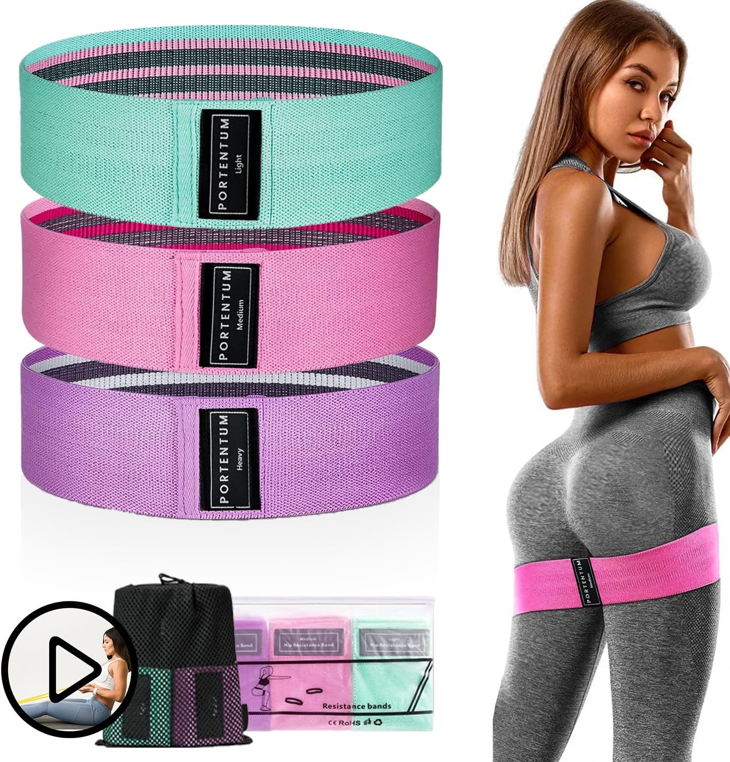 PORTENTUM Elastici fitness, set di 3 fasce elastiche fitness antiscivolo in tessuto. 3 livelli di resistenza per Crossfit, Yoga, Glutei e altri sport e borsa di stoccaggio