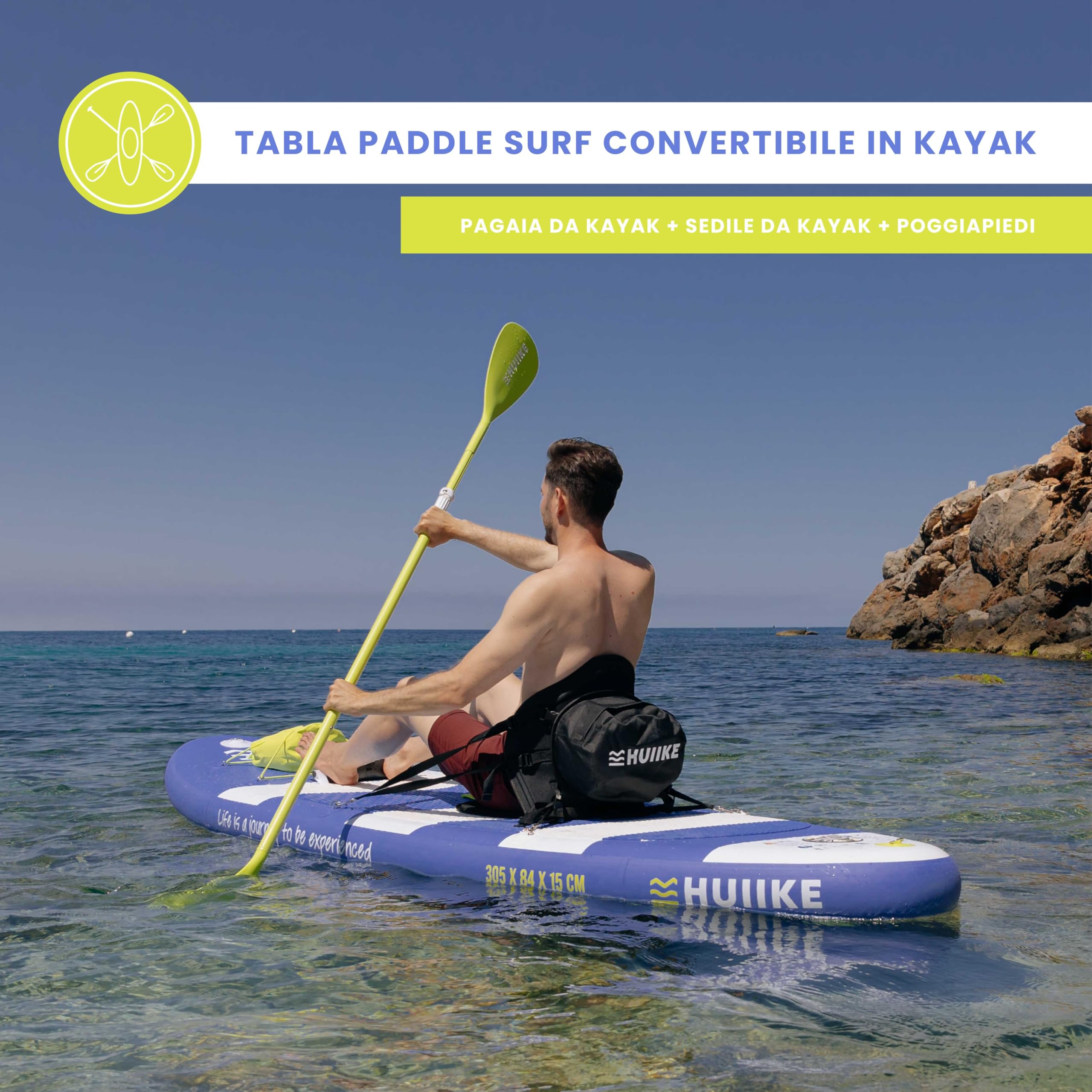 HUIIKE Tavola Sup Gonfiabile Adulti con Accessori Inclusi, Pagaia, Pinne, Pompa. Stand Up Paddle Board con Grande Stabilità e Resistenza. 305 x 84 x 15 cm, Carico Massimo 130 kg