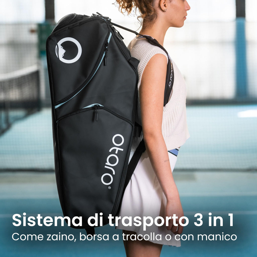 Otaro Sac de tennis 82L | Sac de raquettes de tennis pour 4 raquettes | Avec compartiment isolé, compartiment à chaussures, compartiment thermique et compartiment pour ordinateur portable | Système de transport 3 en 1 | Sac à dos de tennis hydrofuge