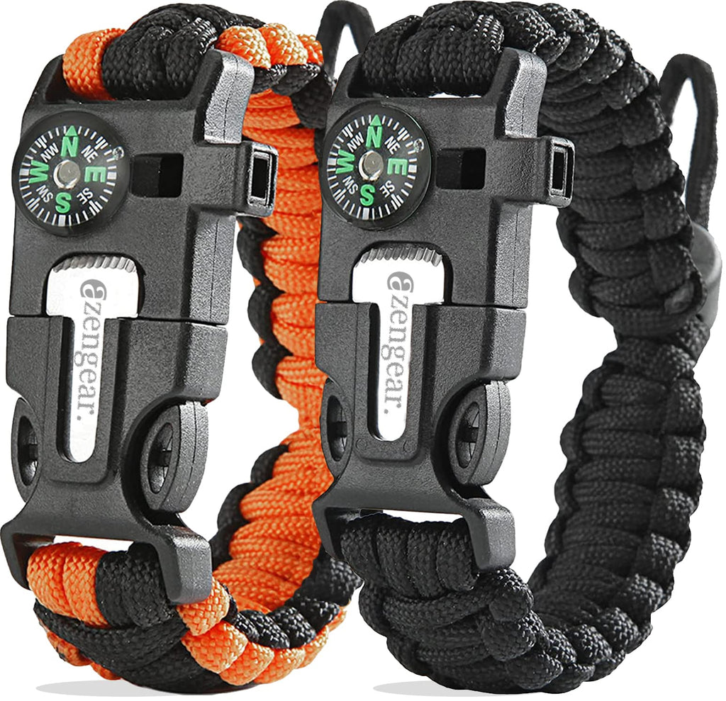 Braccialetto Sopravvivenza in Paracord (Coppia) │ Accendifuoco in selce e Acciaio, Fischietto, Bussola, Fascia Regolabile per Campeggio, bushcraft, Kit di Emergenza (Nero e Arancione)