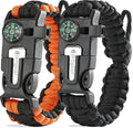 Braccialetto Sopravvivenza in Paracord (Coppia) │ Accendifuoco in selce e Acciaio, Fischietto, Bussola, Fascia Regolabile per Campeggio, bushcraft, Kit di Emergenza (Nero e Arancione)