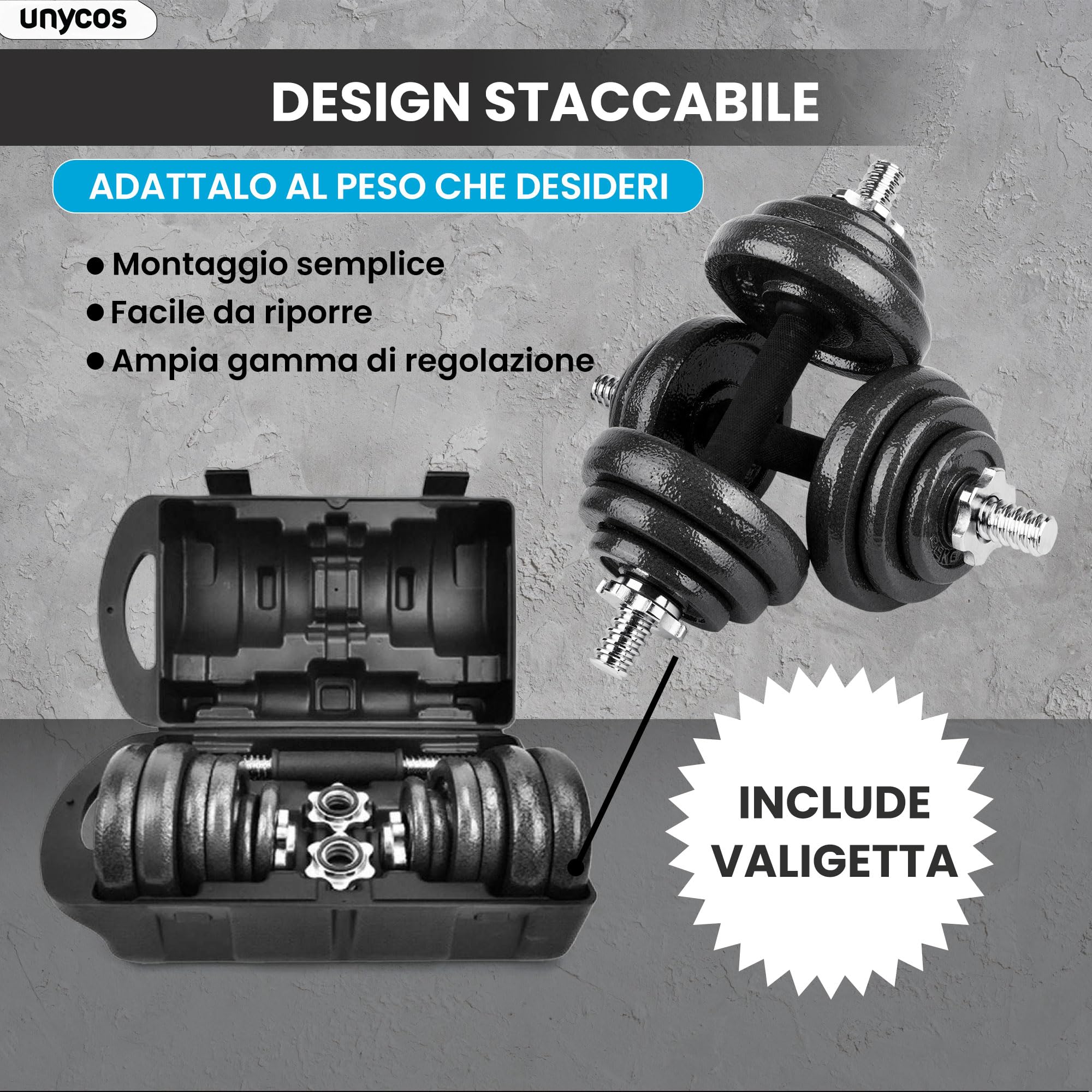 unycos - Manubri Regolabili con Dischi 15-50 kg【E-Book + Valigetta】Coppia di Pesi con Barra di Collegamento Antiscivolo per Uomini/Donne, Allenamento, Palestra in Casa, Fitness (Iron Transformer)