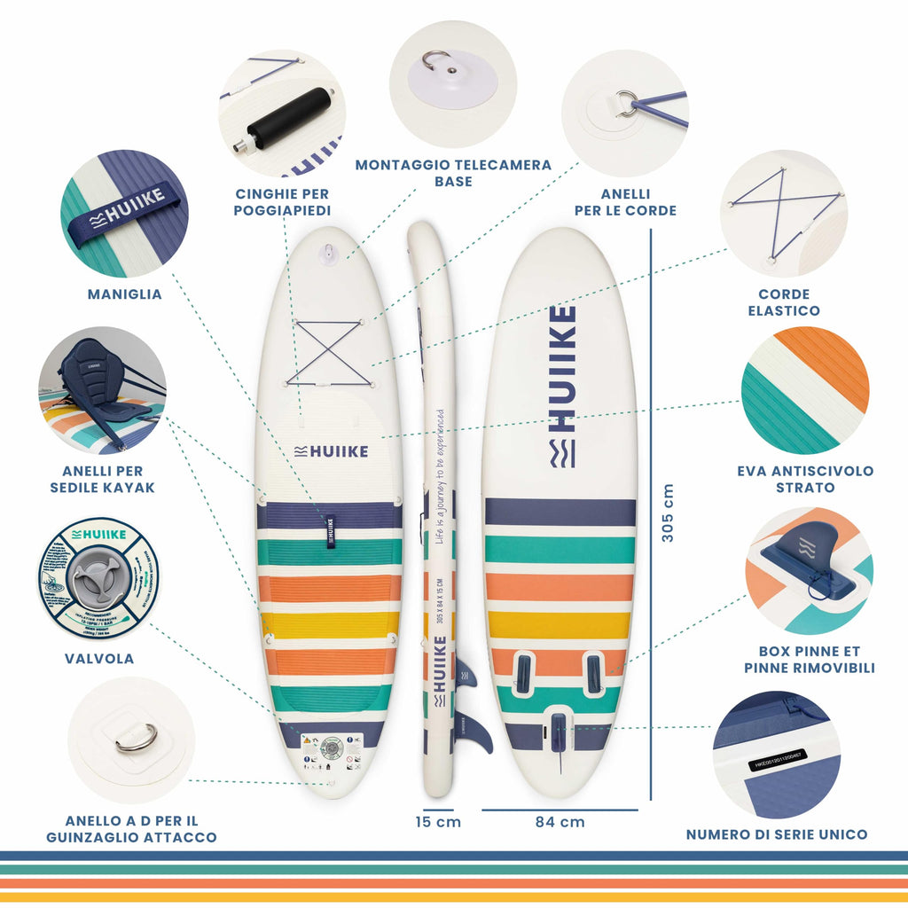 HUIIKE Tavola Sup Gonfiabile Adulti con Accessori Inclusi, Pagaia, Pinne, Pompa. Stand Up Paddle Board con Grande Stabilità e Resistenza. 305 x 84 x 15 cm, Carico Massimo 130 kg