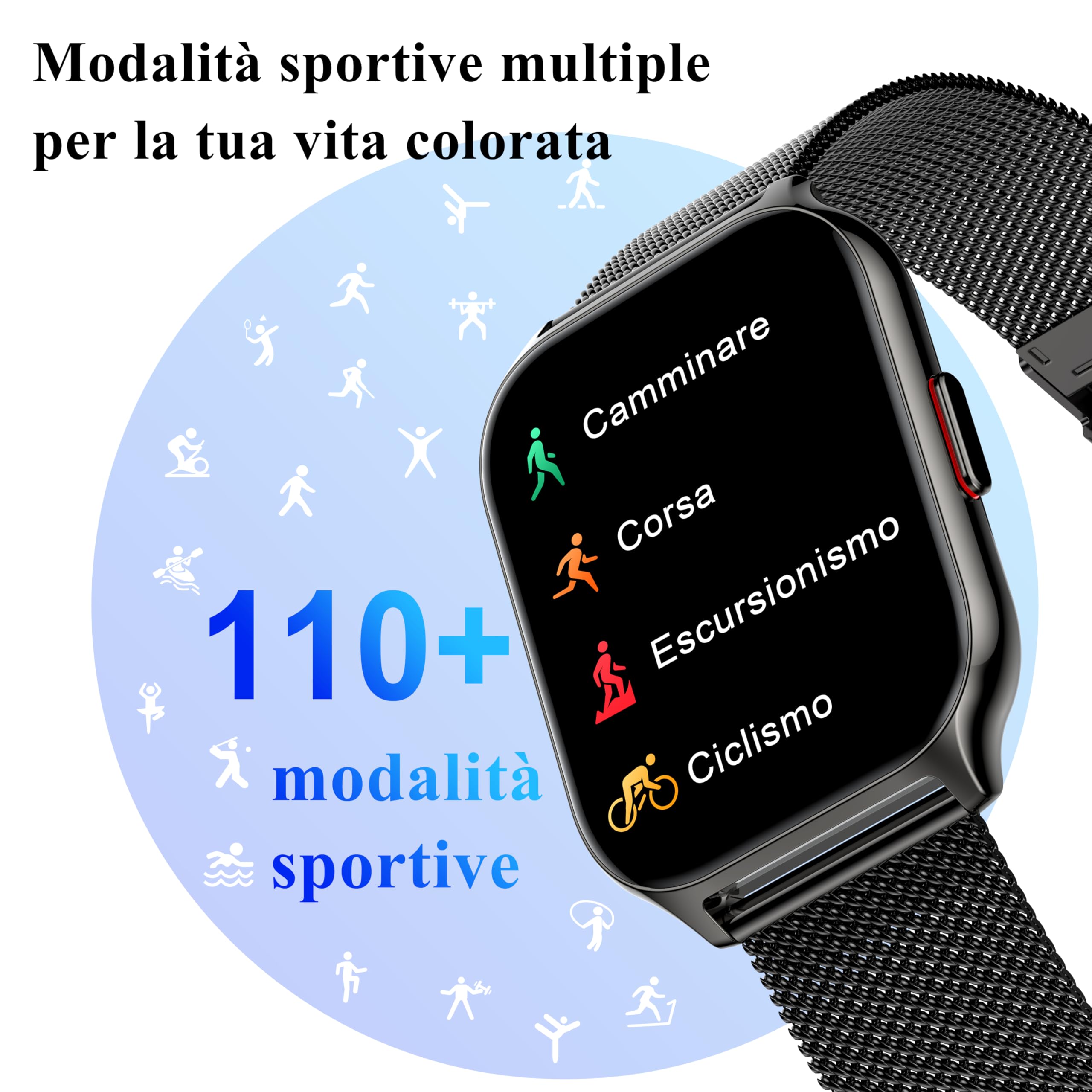 Popglory Smartwatch Uomo Donna Chiamate e Whatsapp, AI Orologio Contapassi 100+ Sports, Assistente, Salute 24/7, Pressione Sanguigna, Cardiofrequenzimetro, SpO2 Sonno, 2 Cinturini per Android iOS