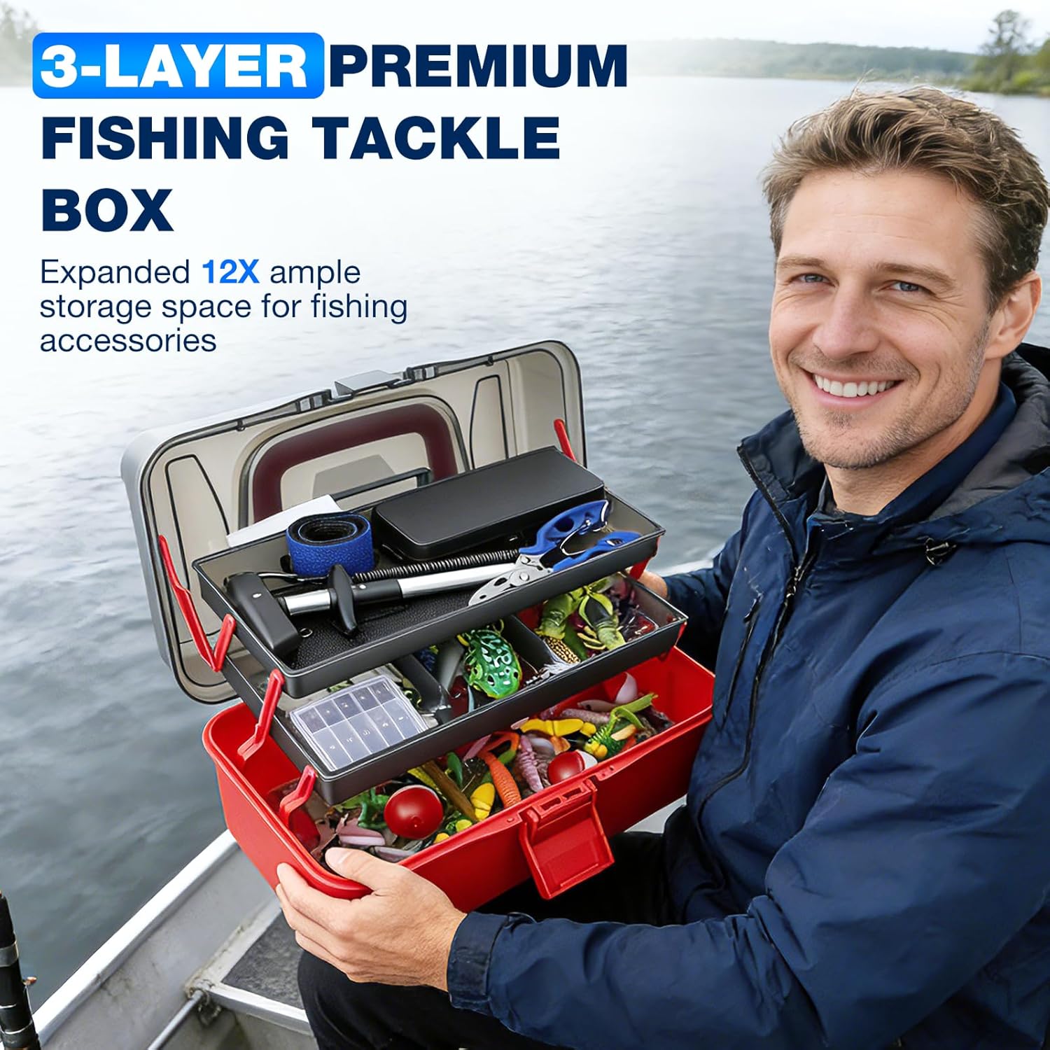 Set di 460 esche da pesca con grande scatola a 3 strati – Accessori da pesca completi con pinze, ganci, crankbait, svasatori, jig, piombo e molto altro ancora – regalo per uomini