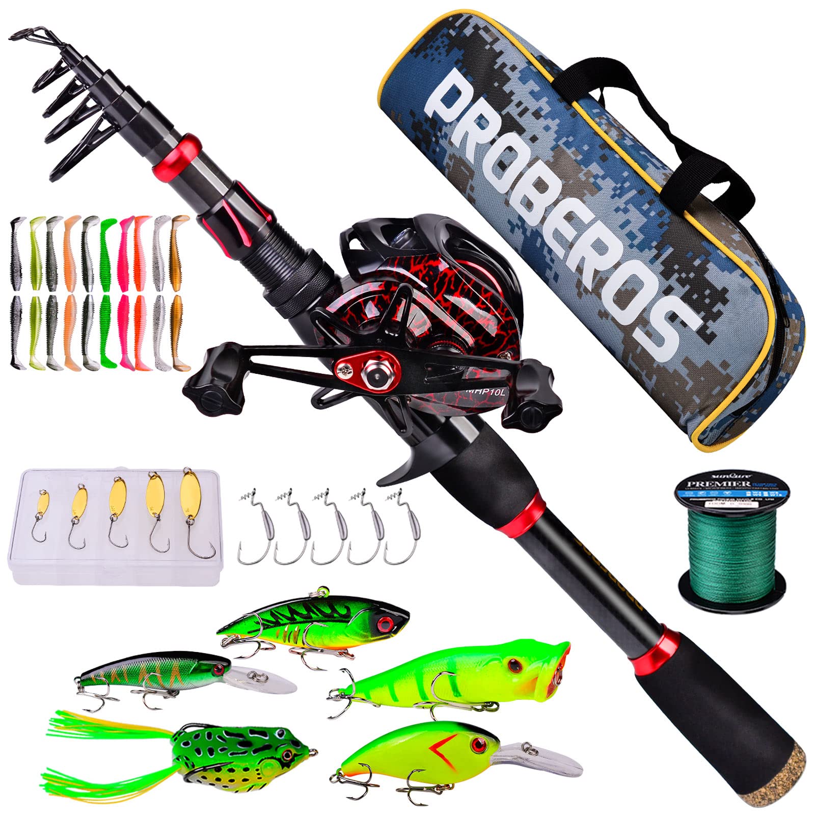 Canna da pesca e mulinello Combo, canna da pesca telescopica in fibra di carbonio da 2,1 m con mulinello da spinning/baitcasting, set di attrezzatura da pesca in acqua salata d'acqua dolce ghiaccio