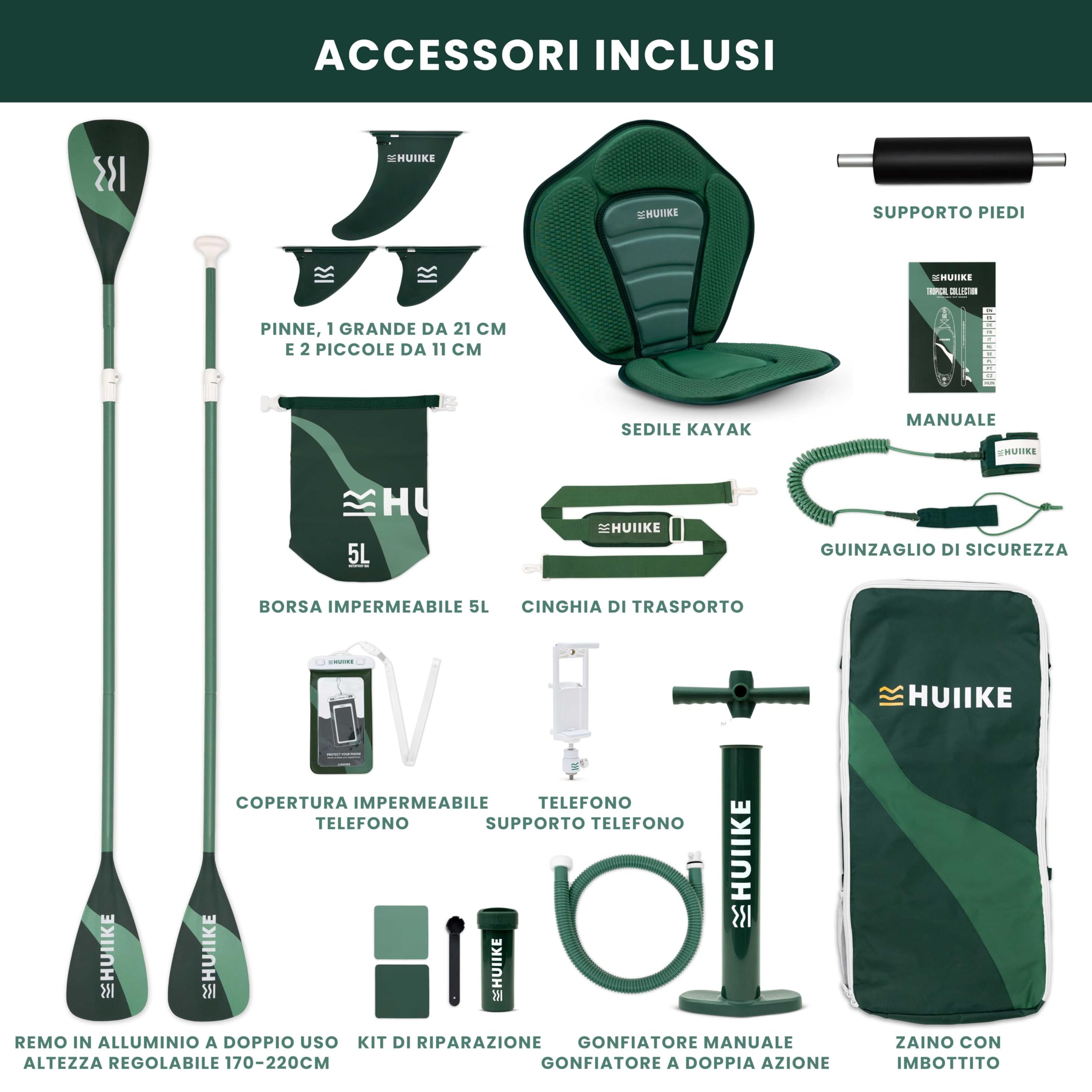 HUIIKE Tavola Sup Gonfiabile Adulti con Accessori Inclusi, Pagaia, Pinne, Pompa. Stand Up Paddle Board con Grande Stabilità e Resistenza. 305 x 84 x 15 cm, Carico Massimo 130 kg