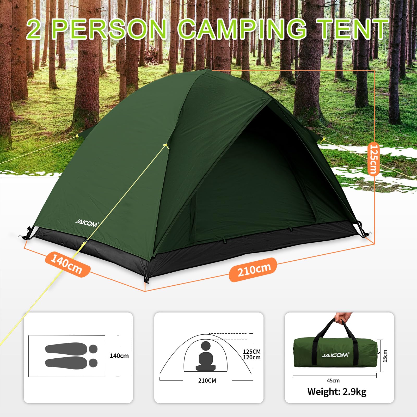 JAICOM Tenda Campeggio, Tenda Ultraleggera 3-4 Stagioni, Anti UV e Impermeabile, Ventilazione a Doppia Porta, Facile da Installare,Ideale per Campeggio, Backpacking, Attività di Vacanza e Famiglie