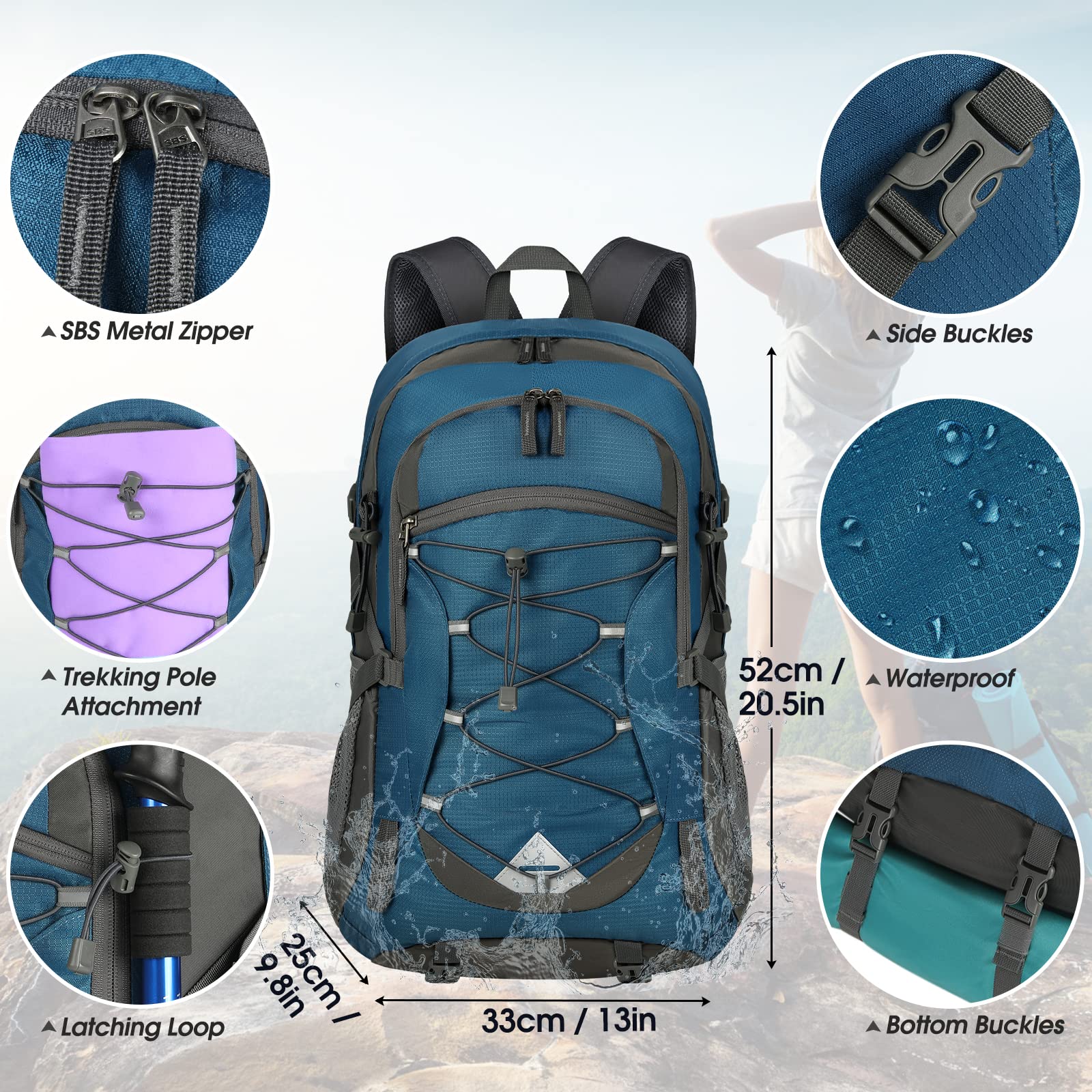 IGOLUMON Zaino Trekking 40 Litri, Zaino Ultraleggero Pieghevole, Impermeabile Zaino da Viaggio per Uomo/Donna, Zaino da Trekking con Strisce Riflettenti, Zaino Montagna per Escursionismo Campeggio