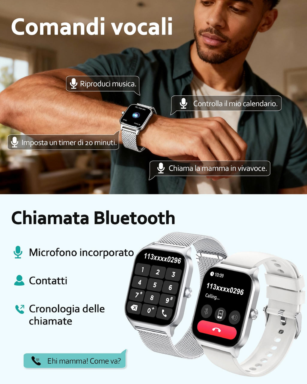 Popglory Smartwatch Uomo Donna Chiamate e Whatsapp, AI Orologio Contapassi 100+ Sports, Assistente, Salute 24/7, Pressione Sanguigna, Cardiofrequenzimetro, SpO2 Sonno, 2 Cinturini per Android iOS