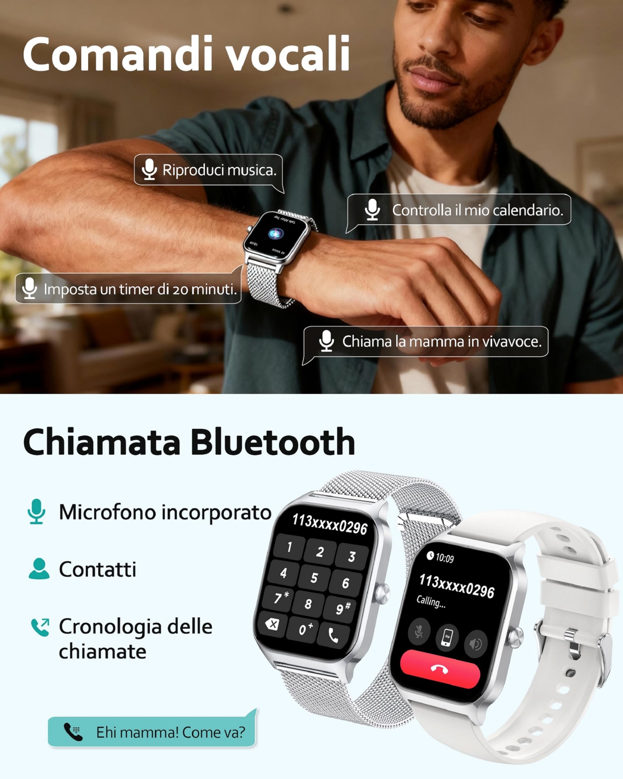 Popglory Smartwatch Uomo Donna Chiamate e Whatsapp, AI Orologio Contapassi 100+ Sports, Assistente, Salute 24/7, Pressione Sanguigna, Cardiofrequenzimetro, SpO2 Sonno, 2 Cinturini per Android iOS