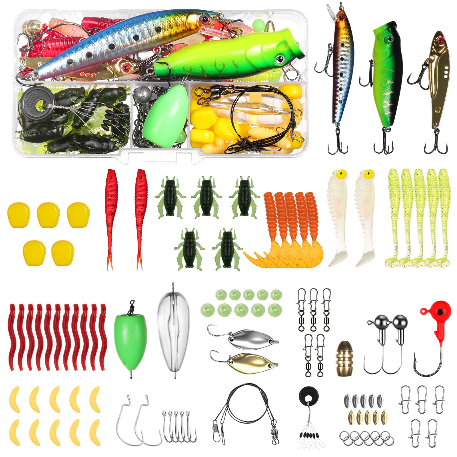 Vicloon Esche da Pesca, Esche Artificiali da Pesca Contiene Crankbaits, Stickbait, Vermi, Ganci Singolo, Pinze, ECC