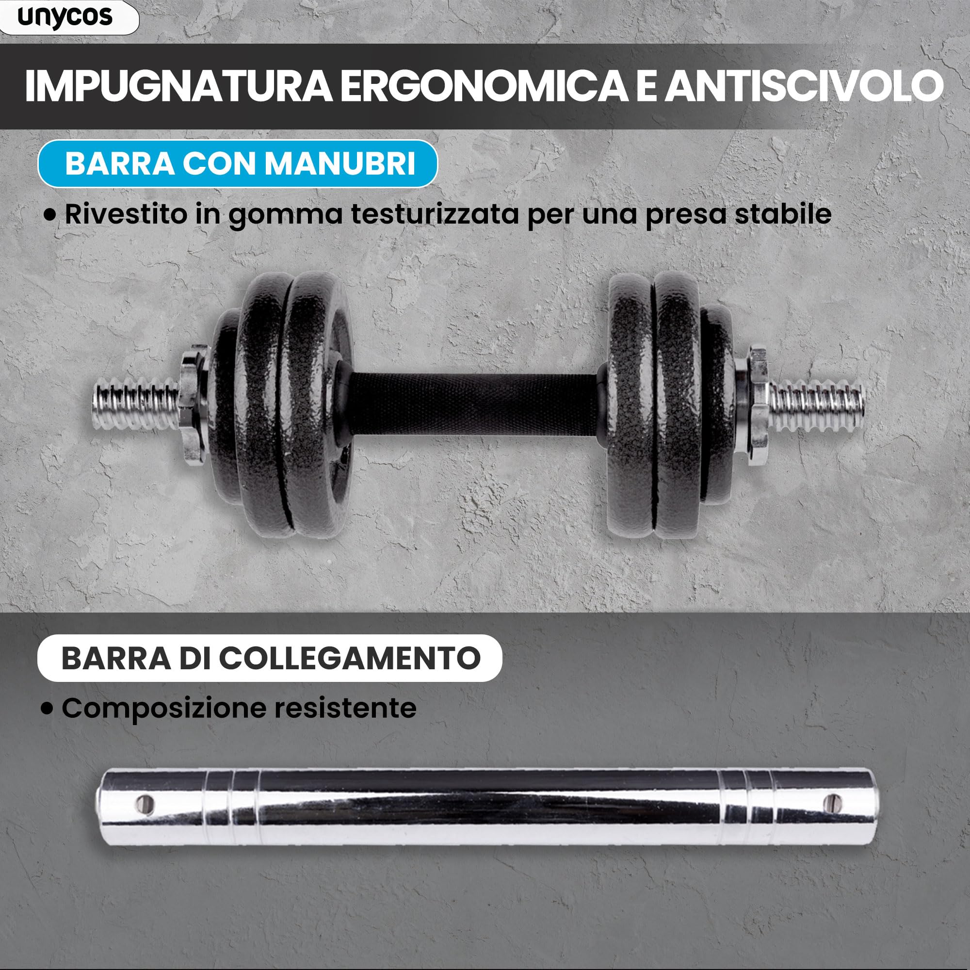 unycos - Haltères Réglables avec Disques 15-50 kg【E-Book + Mallette】Paire de Poids avec Barre de Connexion Antidérapante pour Hommes/Femmes, Entraînement, Gym à Domicile, Fitness (Iron Transformer)