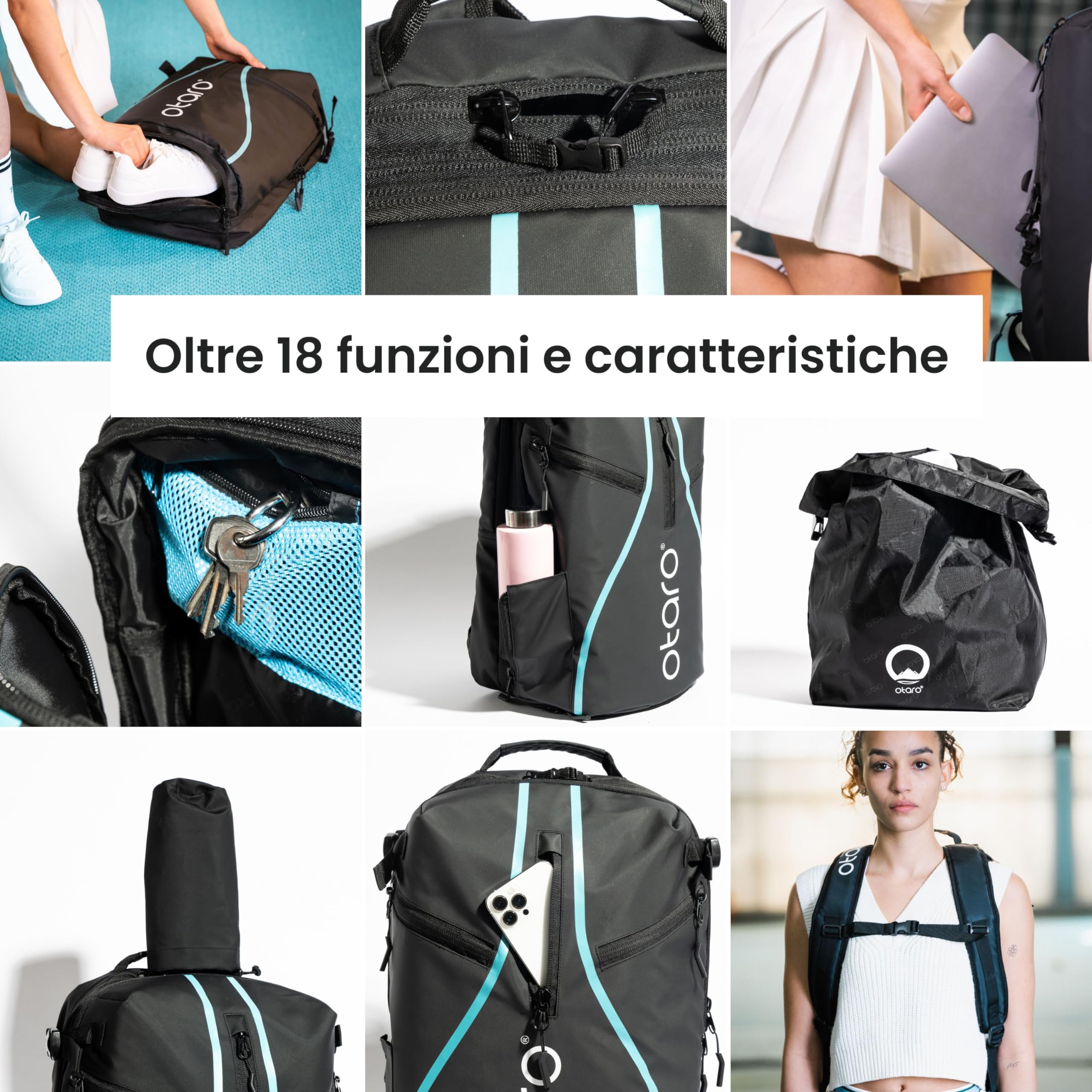 Otaro Zaino Tennis | Zaino con porta scarpe, scomparto per laptop e scomparto per 2 racchette | Zaino sportivo | Porta racchetta tennis | Borsa tennis con copertura antipioggia e sacca per biancheria