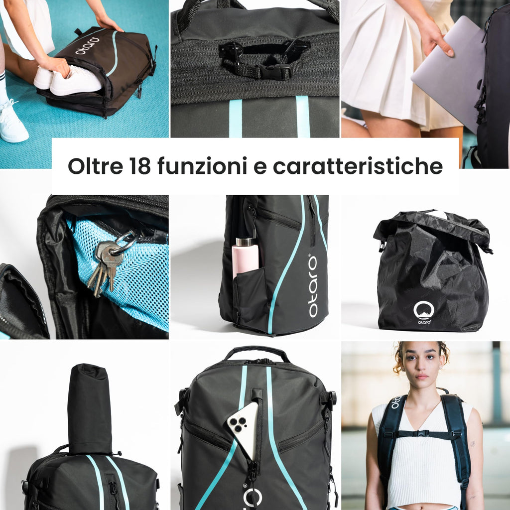 Otaro Zaino Tennis | Zaino con porta scarpe, scomparto per laptop e scomparto per 2 racchette | Zaino sportivo | Porta racchetta tennis | Borsa tennis con copertura antipioggia e sacca per biancheria