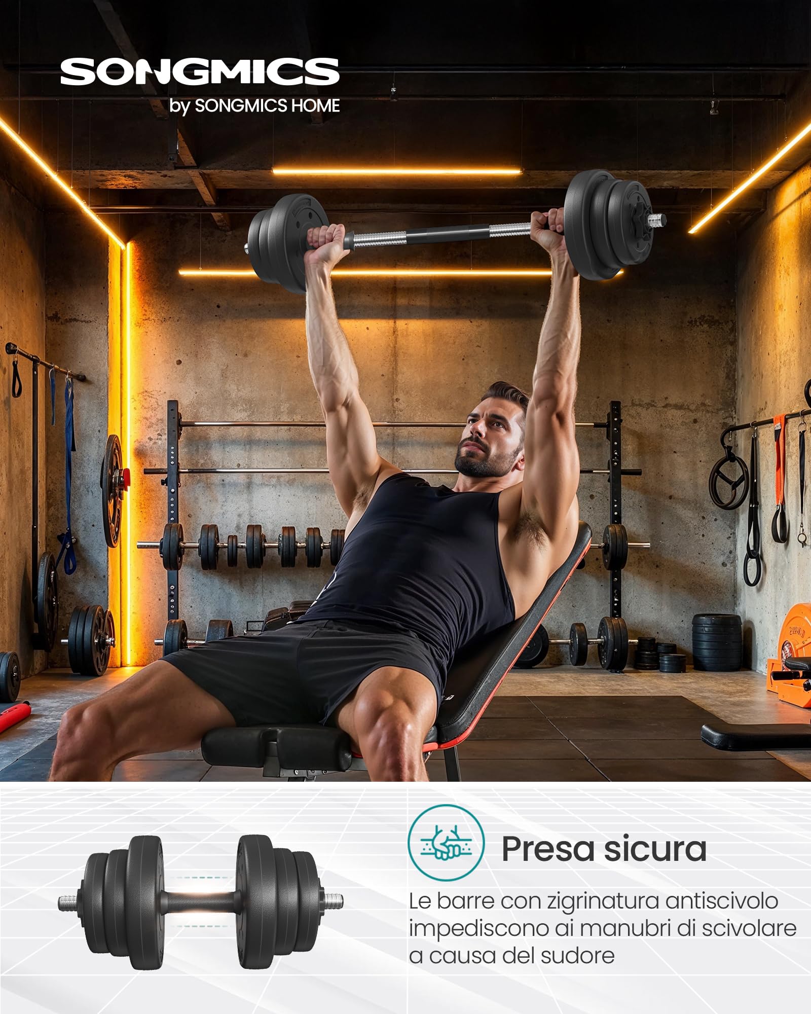 SONGMICS Manubri 2 in 1, Set di Bilanciere Corto, con Tubo di Collegamento in Acciaio, Allenamento, Fitness, Sollevamento Pesi per Casa, Palestra