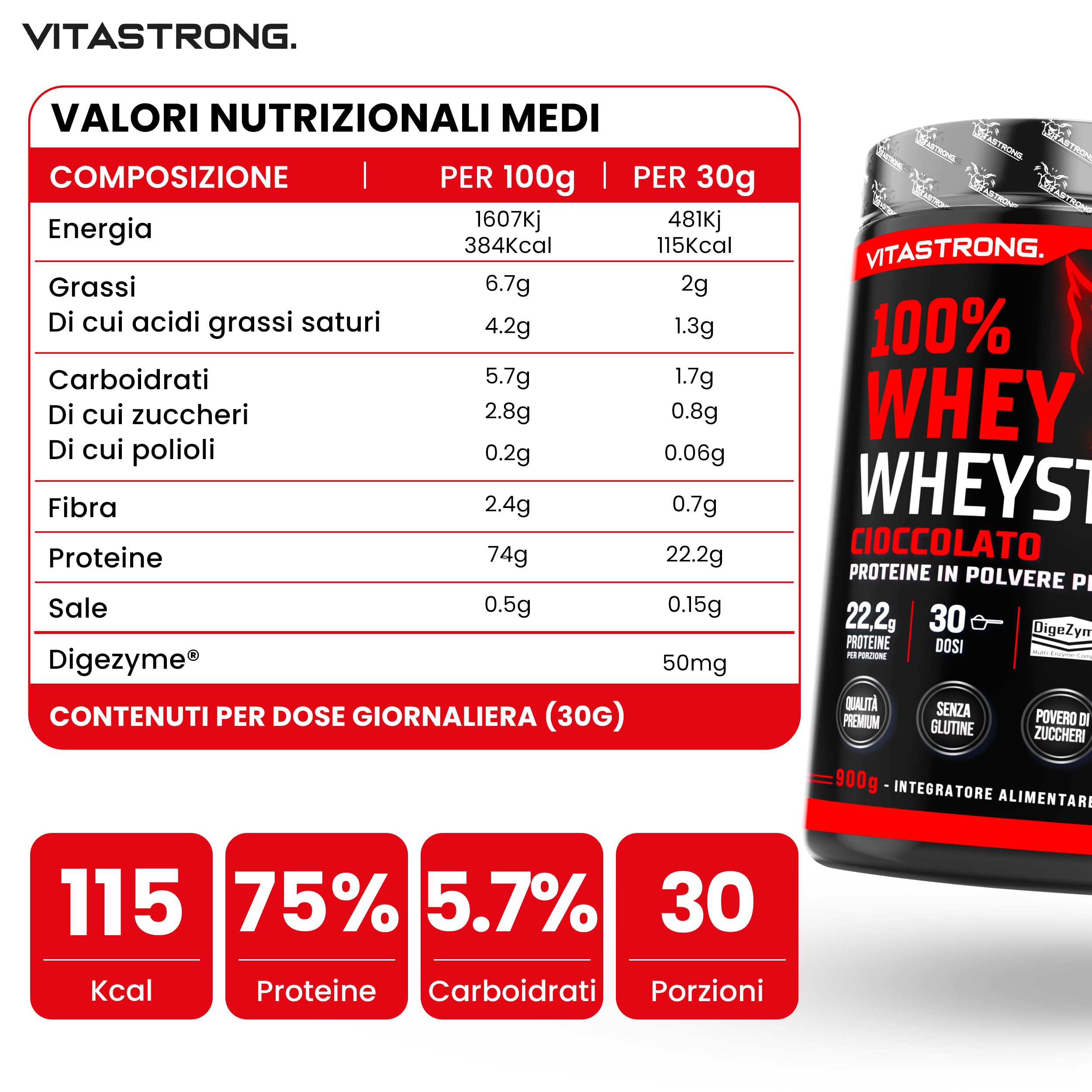 Proteine in Polvere 900g, 100% Proteine Whey Strong con DigeZyme® Alta Digeribilità e Concentrazione, Proteine del Siero del Latte da Fornitori Italiani (900g, Vaniglia)