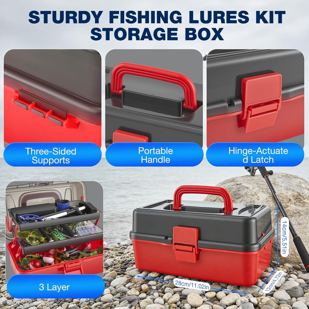 Set di 460 esche da pesca con grande scatola a 3 strati – Accessori da pesca completi con pinze, ganci, crankbait, svasatori, jig, piombo e molto altro ancora – regalo per uomini