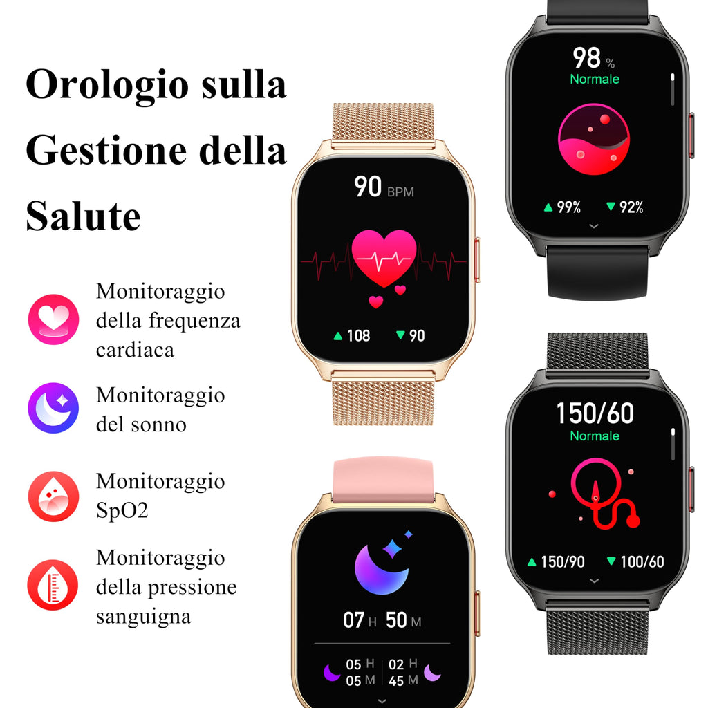 Popglory Smartwatch Uomo Donna Chiamate e Whatsapp, AI Orologio Contapassi 100+ Sports, Assistente, Salute 24/7, Pressione Sanguigna, Cardiofrequenzimetro, SpO2 Sonno, 2 Cinturini per Android iOS