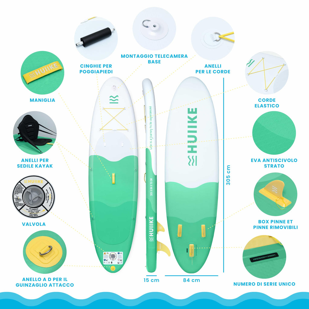 HUIIKE Tavola Sup Gonfiabile Adulti con Accessori Inclusi, Pagaia, Pinne, Pompa. Stand Up Paddle Board con Grande Stabilità e Resistenza. 305 x 84 x 15 cm, Carico Massimo 130 kg