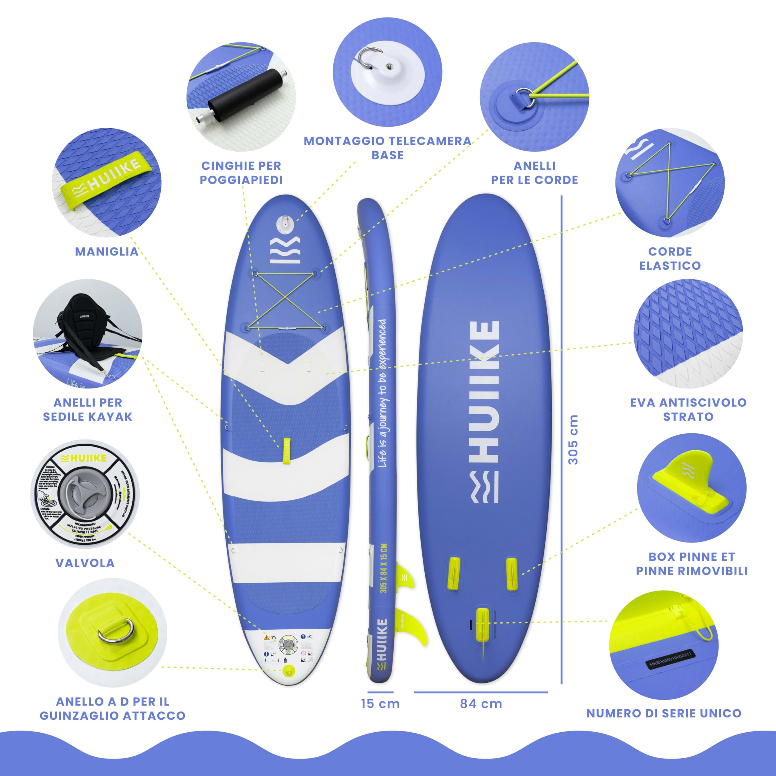 HUIIKE Tavola Sup Gonfiabile Adulti con Accessori Inclusi, Pagaia, Pinne, Pompa. Stand Up Paddle Board con Grande Stabilità e Resistenza. 305 x 84 x 15 cm, Carico Massimo 130 kg
