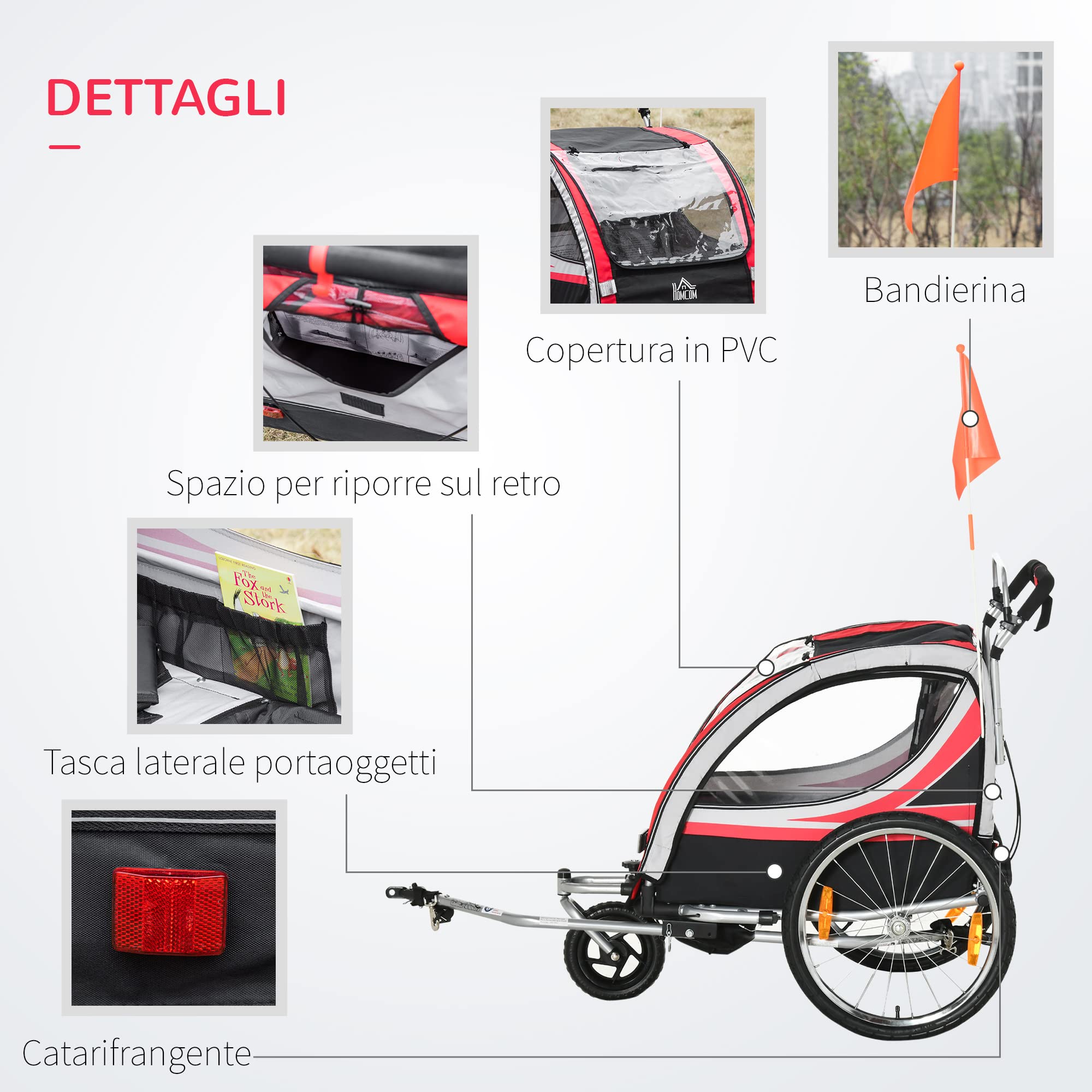 HOMCOM Rimorchio Bici per Bambini e Passeggino, Design 2 in 1 con Freno, Cintura a 5 Punti, Carrello Rimorchio per Bicicletta con Tasche Laterali, Catarifrangenti e Bandierina